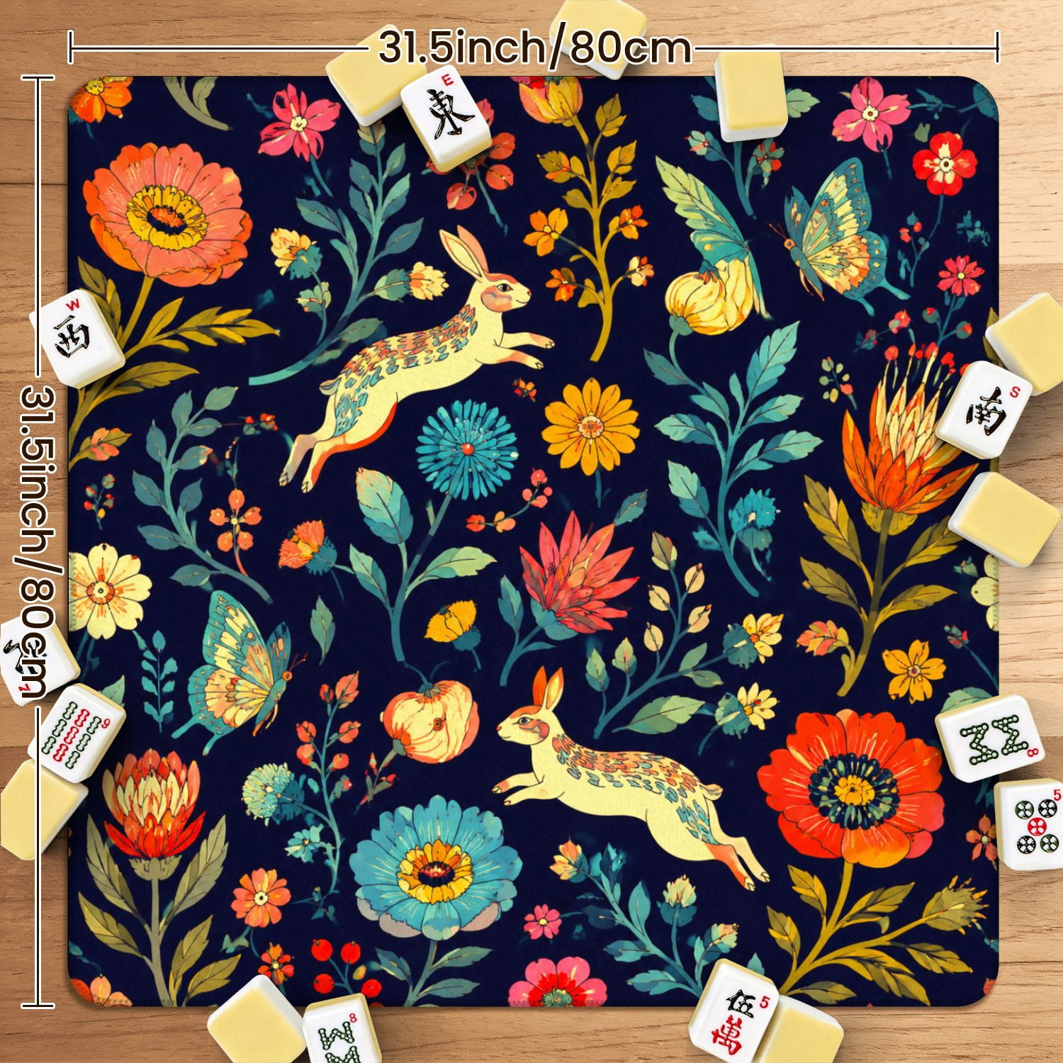 Mahjong Mat 31.5" x 31.5" Colorful Birds Floral Dark Non-Slip Noise Reduction American Mahjong Tiles Table Cover for Dominoes Poker Card Board Games Gift