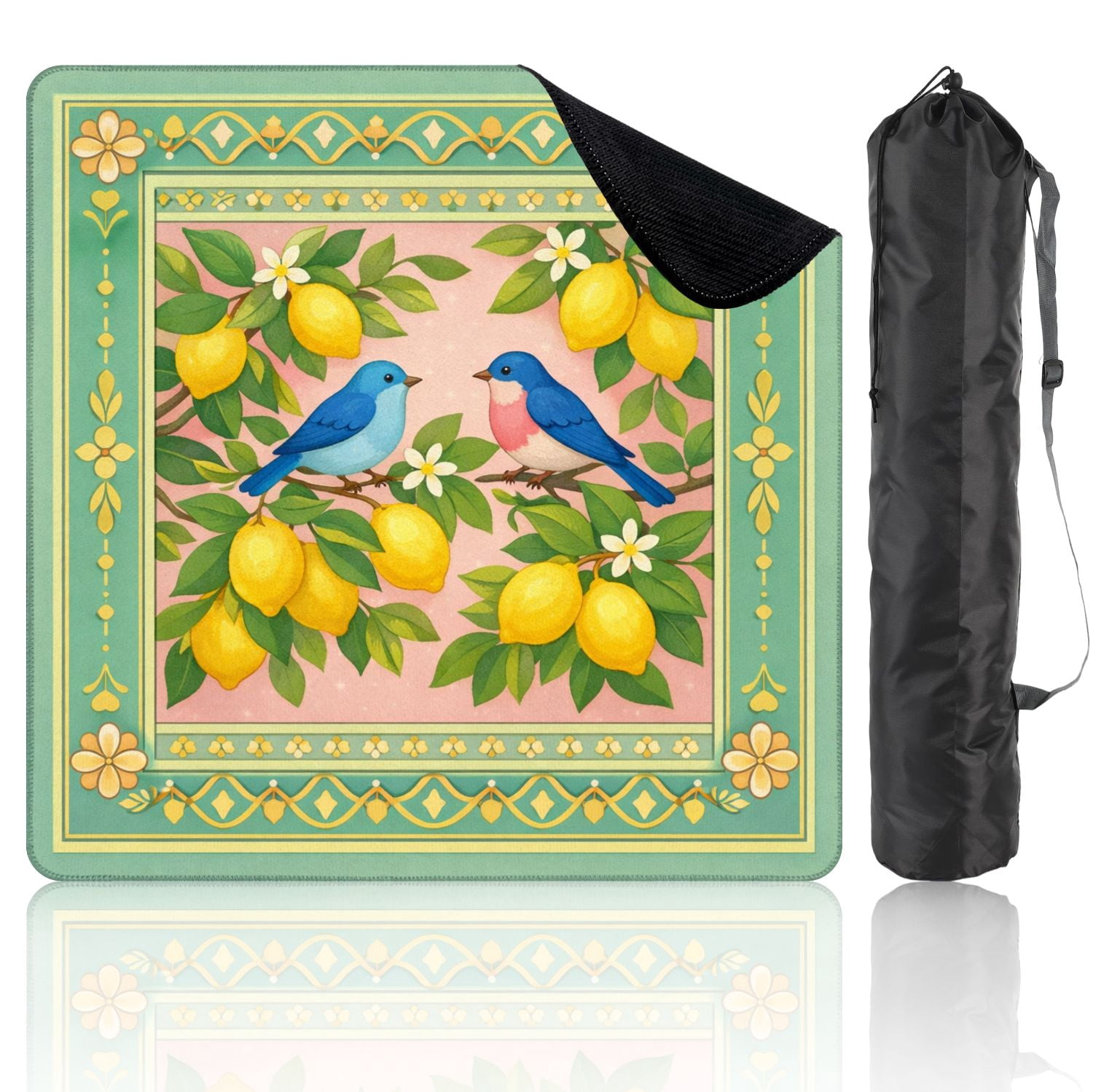 Mahjong Mat 31.5" x 31.5" Colorful Birds Lemons Floral Accents Non-Slip Noise Reduction Mahjong Tiles Table Cover for Dominoes Poker Card Board and Tile Games