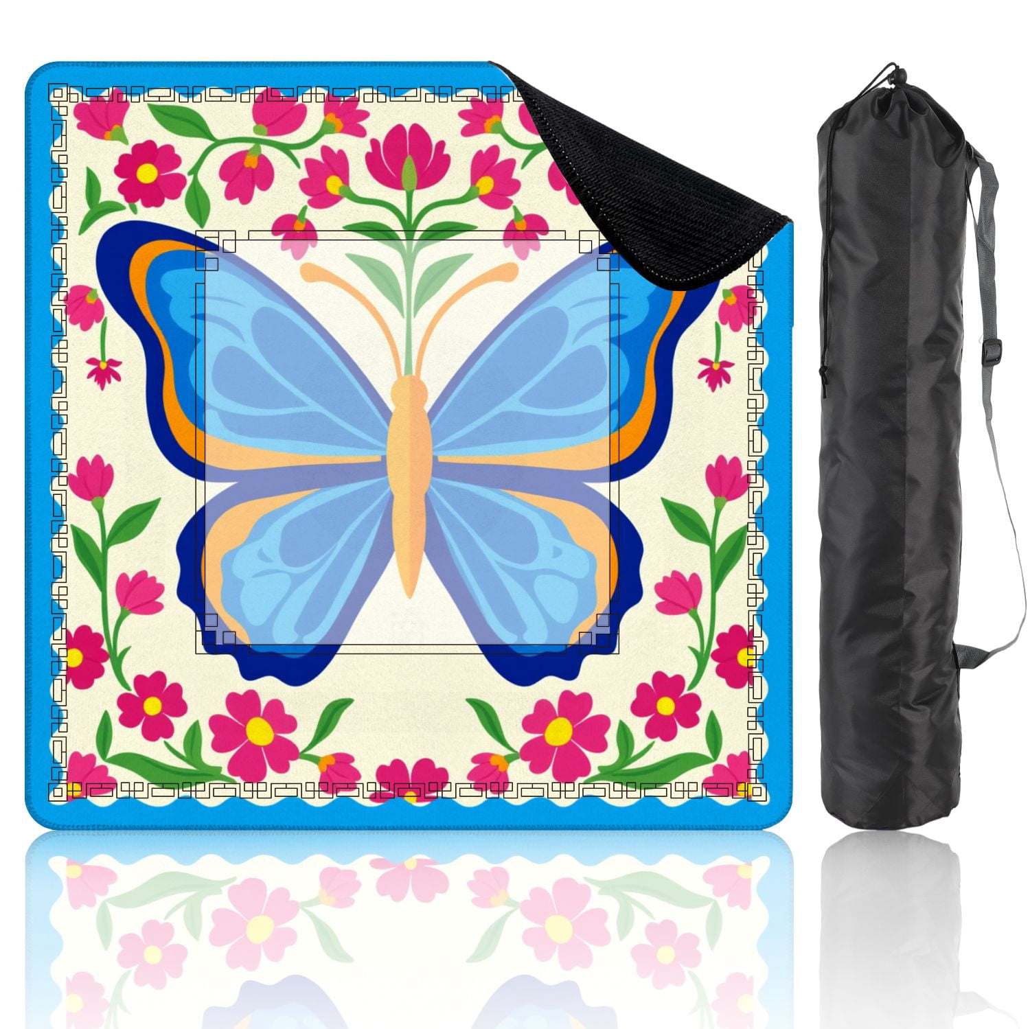Mahjong Mat 31.5" x 31.5" Colorful Blue Orange Butterfly Pink Flowers Decorative Frame Non-Slip Noise Reduction American Mahjong Tiles Table Cover for Dominoes Poker Card Board Games Gift