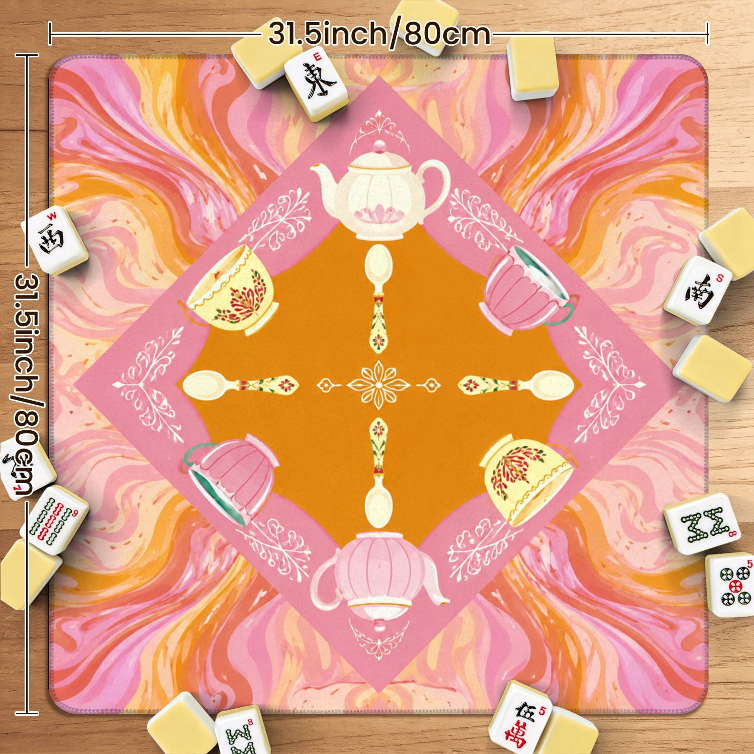 Mahjong Mat 31.5" x 31.5" Colorful Champagne Bottle Kaleidoscope Pink Orange Swirls Non-Slip Noise Reduction American Mahjong Tiles Table Cover for Dominoes Poker Card Board Games Gift