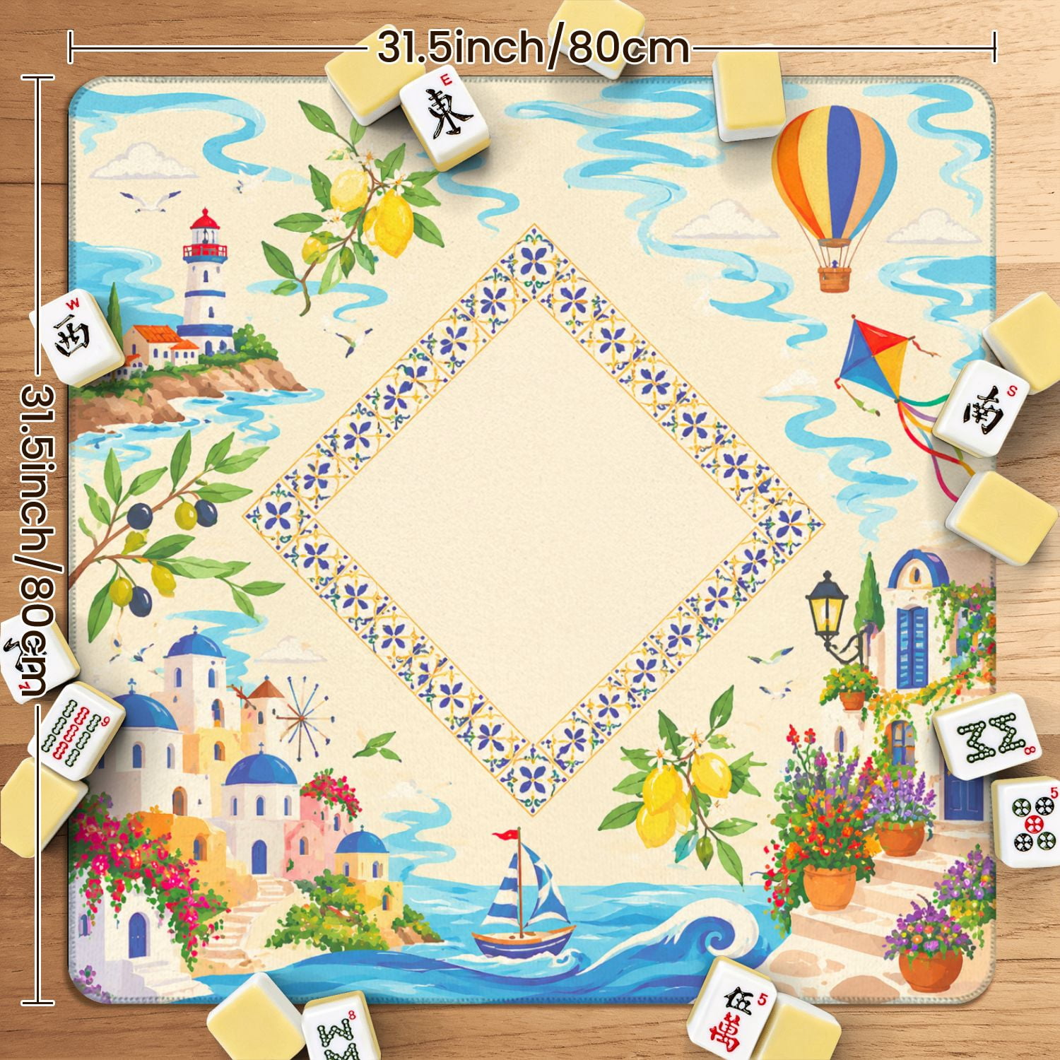Mahjong Mat 31.5" x 31.5" Colorful Coastal Town Sunset Palm Trees Airplane Floral Accents Non-Slip Noise Reduction American Mahjong Tiles Table Cover for Dominoes Poker Card Board Games Gift