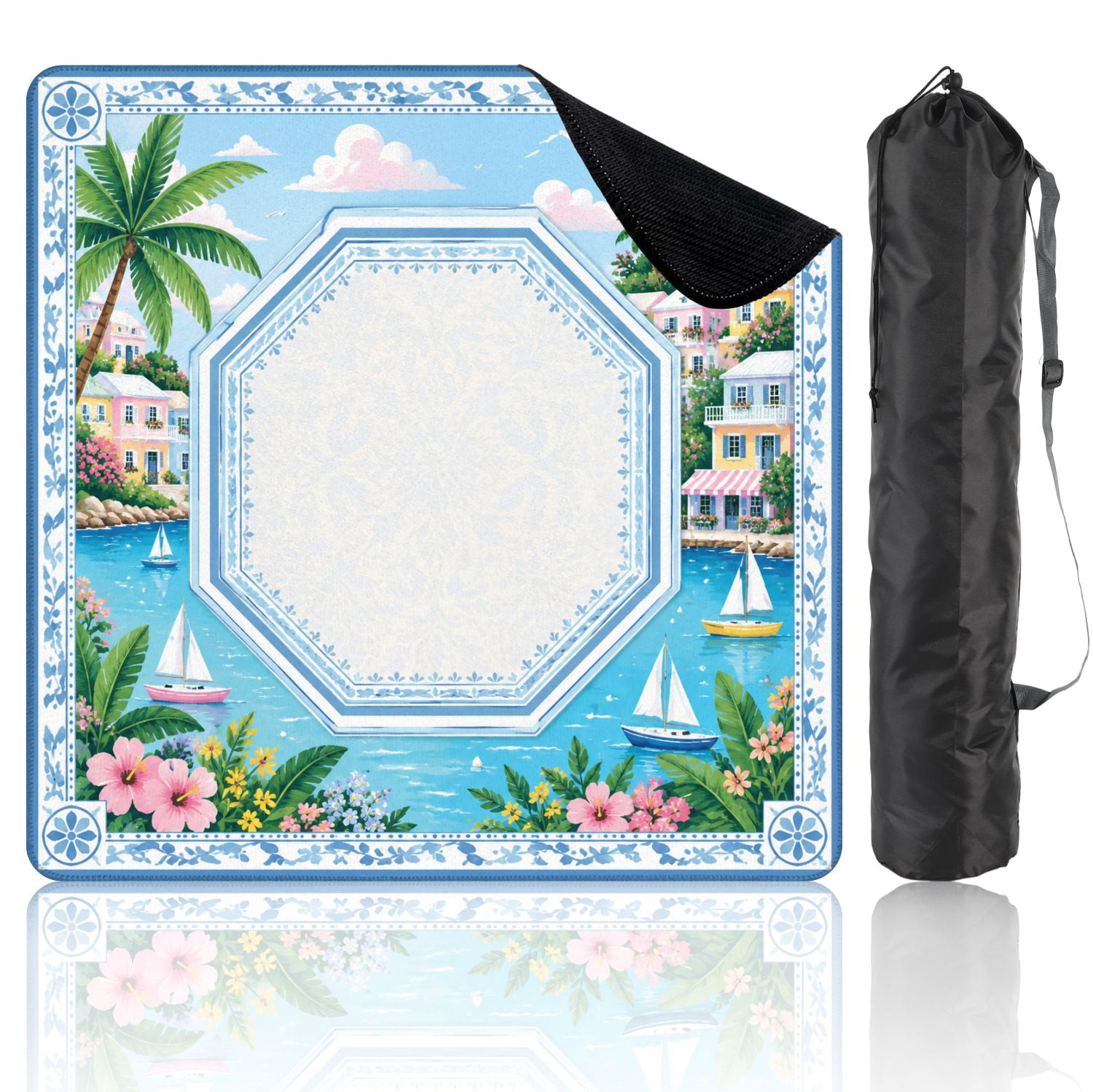Mahjong Mat 31.5" x 31.5" Colorful Coastal Village Sailboats Palm Trees Tropical Flowers Non-Slip Noise Reduction Mahjong Tiles Table Cover for Dominoes Poker Card Board and Tile Games