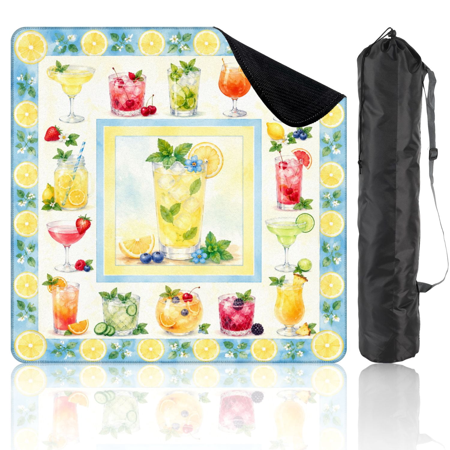 Mahjong Mat 31.5" x 31.5" Colorful Cocktail Glasses Fruit Garnishes Fresh Herbs Watercolor Style Non-Slip Noise Reduction Mahjong Tiles Table Cover for Dominoes Poker Card Board and Tile Games