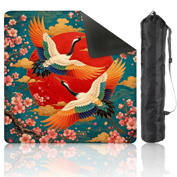 Mahjong Mat 31.5" x 31.5" Colorful Cranes Cherry Blossoms Rising Sun Japanese Non-Slip Noise Reduction American Mahjong Tiles Table Cover for Dominoes Poker Card Board Games Gift