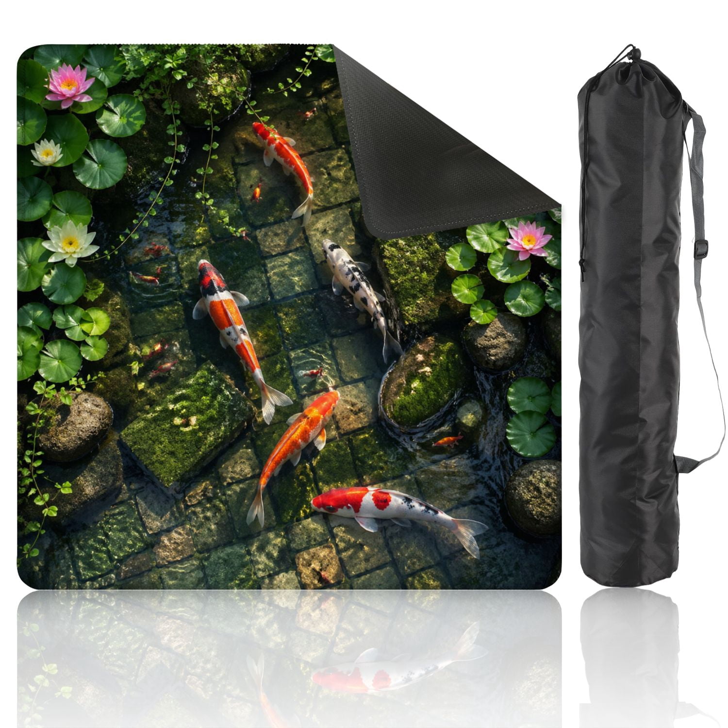 Mahjong Mat 31.5" x 31.5" Colorful Fish Swimming Clear Garden Pond Lily Pads Mossy Stones Non-Slip Noise Reduction American Mahjong Tiles Table Cover for Dominoes Poker Card Board Games Gift