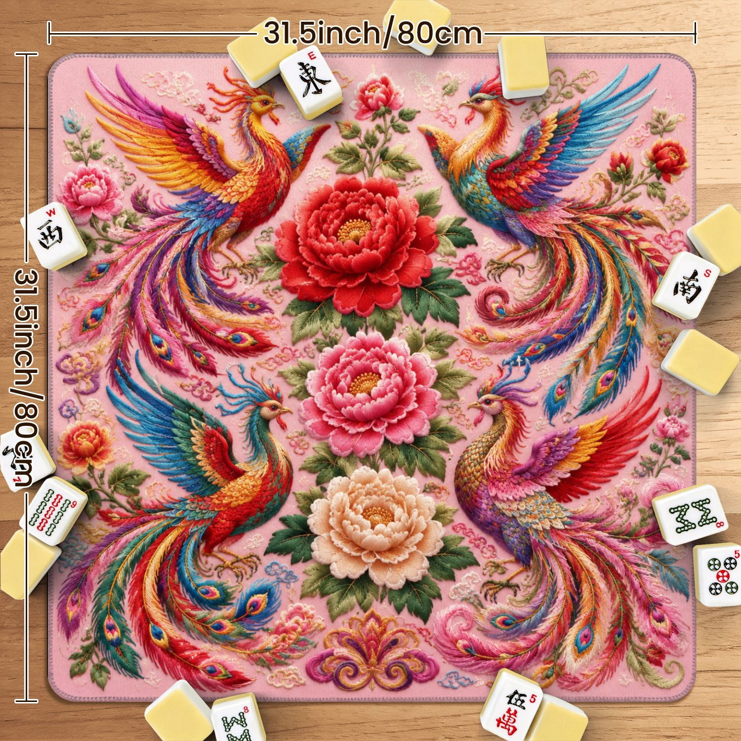 Mahjong Mat 31.5" x 31.5" Colorful Floral Bird Embroidery Design Pink Non-Slip Noise Reduction American Mahjong Tiles Table Cover for Dominoes Poker Card Board Games Gift