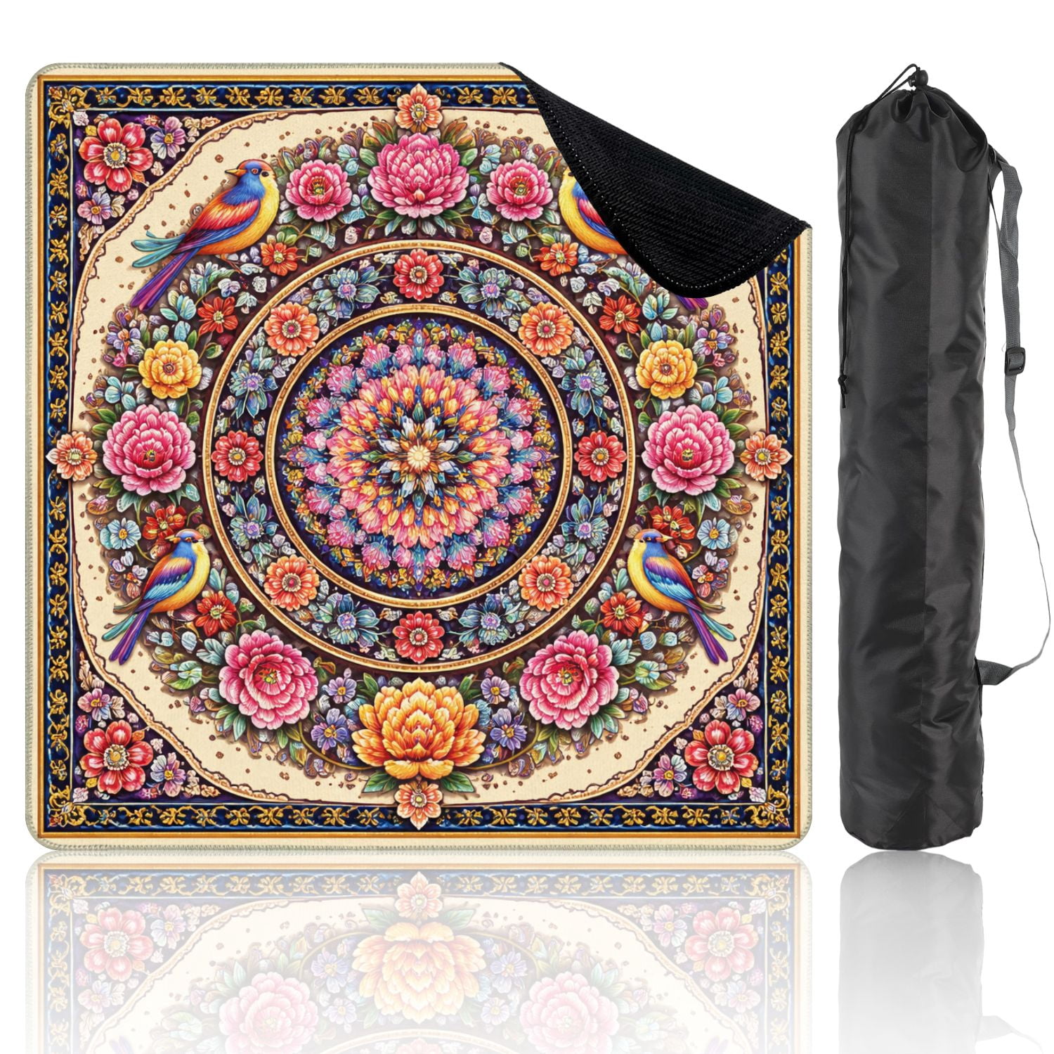 Mahjong Mat 31.5" x 31.5" Colorful Floral Bird Mandala Vibrant Design Elements Non-Slip Noise Reduction Mahjong Tiles Table Cover for Dominoes Poker Card Board and Tile Games