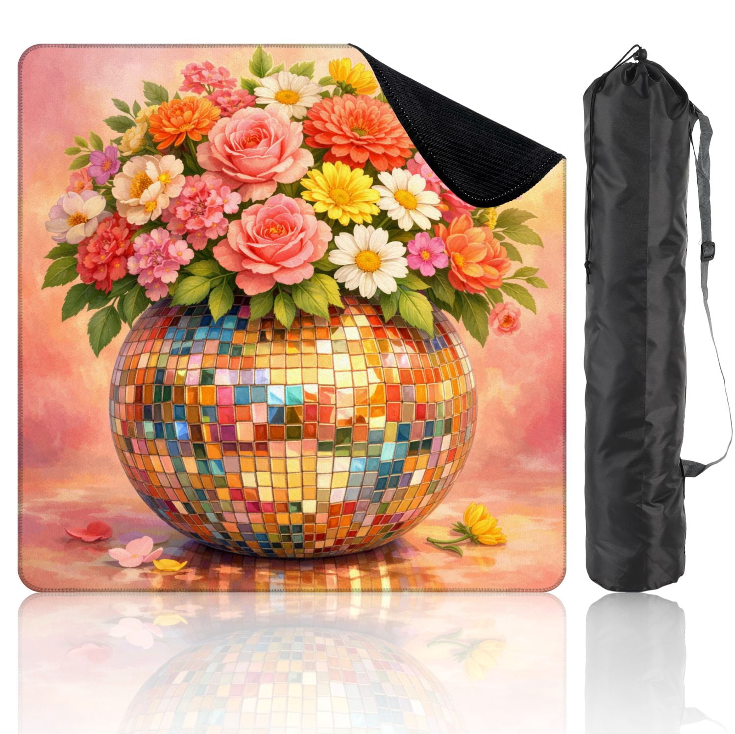 Mahjong Mat 31.5" x 31.5" Colorful Floral Bouquet Mosaic Vase Vibrant Blossoms Non-Slip Noise Reduction Mahjong Tiles Table Cover for Dominoes Poker Card Board and Tile Games