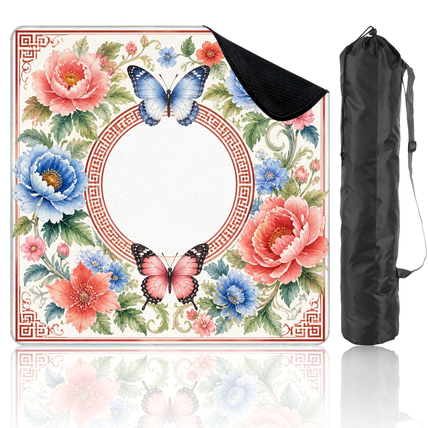 Mahjong Mat 31.5" x 31.5" Colorful Floral Butterfly Peonies Non-Slip Noise Reduction Mahjong Tiles Table Cover for Dominoes Poker Card Board and Tile Games