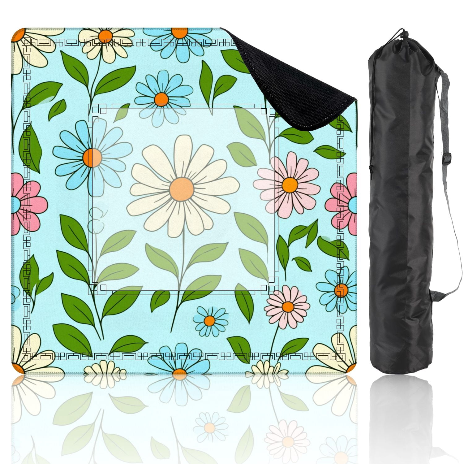 Mahjong Mat 31.5" x 31.5" Colorful Floral Daisies Leaves Light Blue Non-Slip Noise Reduction American Mahjong Tiles Table Cover for Dominoes Poker Card Board Games Gift