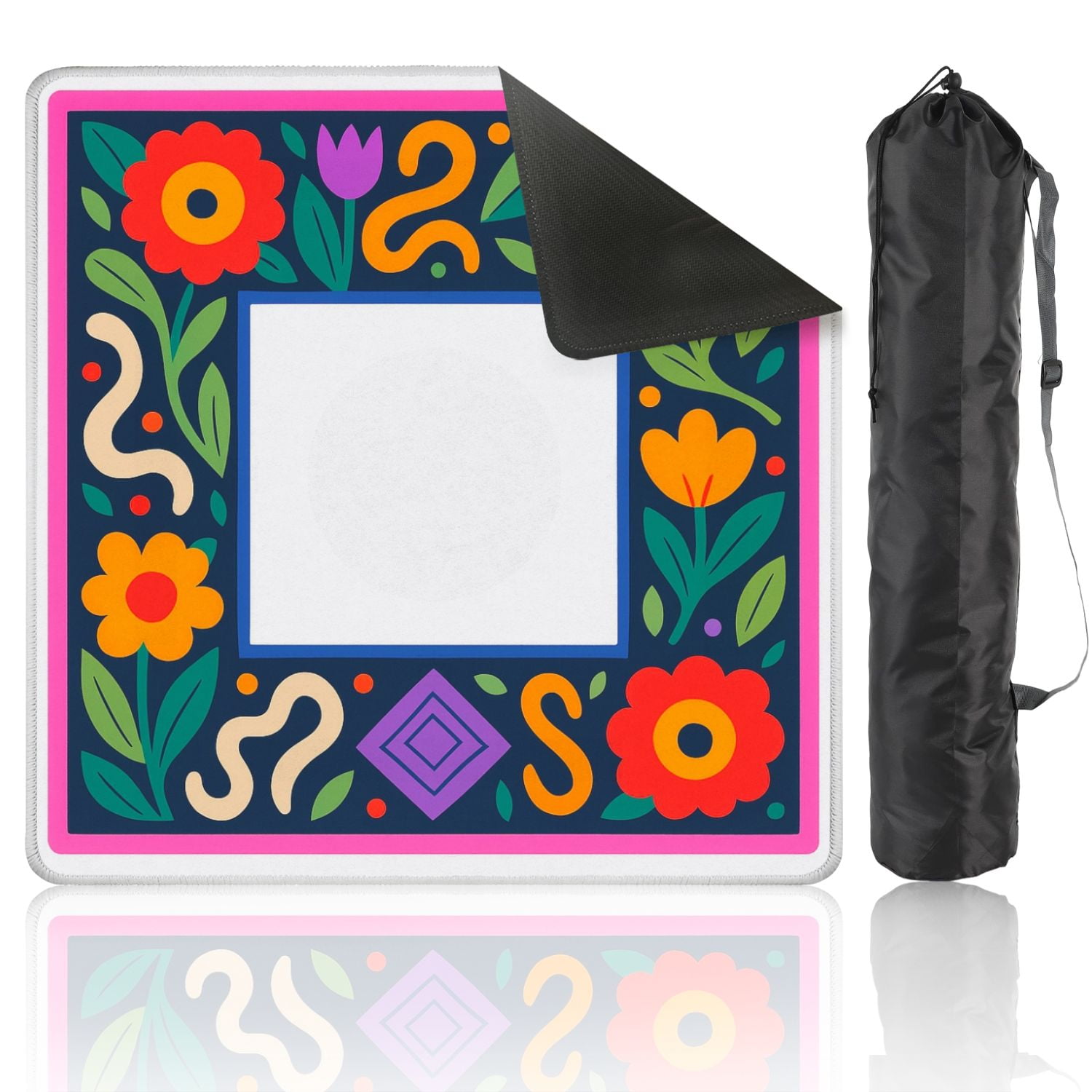 Mahjong Mat 31.5" x 31.5" Colorful Floral Frame Bold Patterns Bright Flowers Anti-Slip and Noise Reduction Symmetry Design Mahjong Tiles Table Cover for Dominoes Poker Card Board and Tile Games