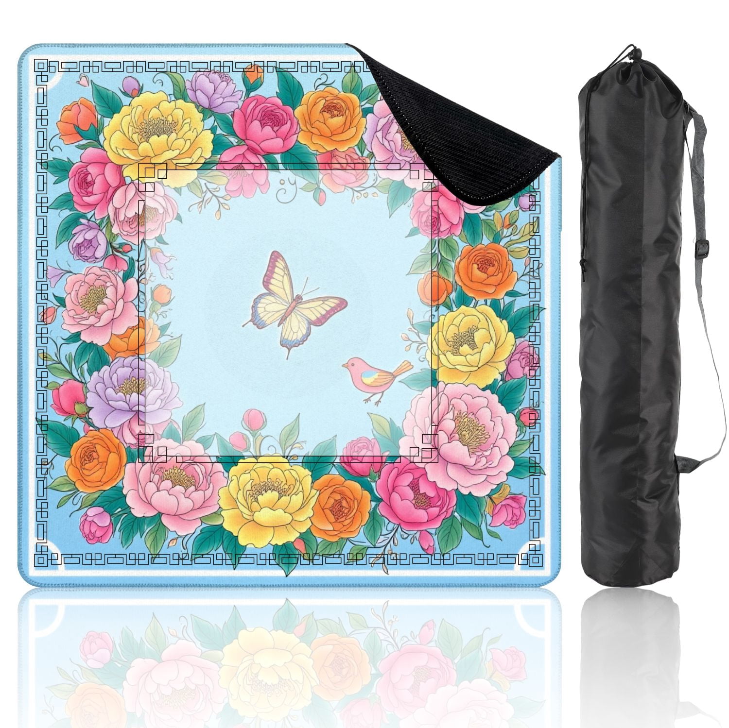 Mahjong Mat 31.5" x 31.5" Colorful Floral Frame Butterflies Birds Pastel Shades Non-Slip Noise Reduction American Mahjong Tiles Table Cover for Dominoes Poker Card Board Games Gift