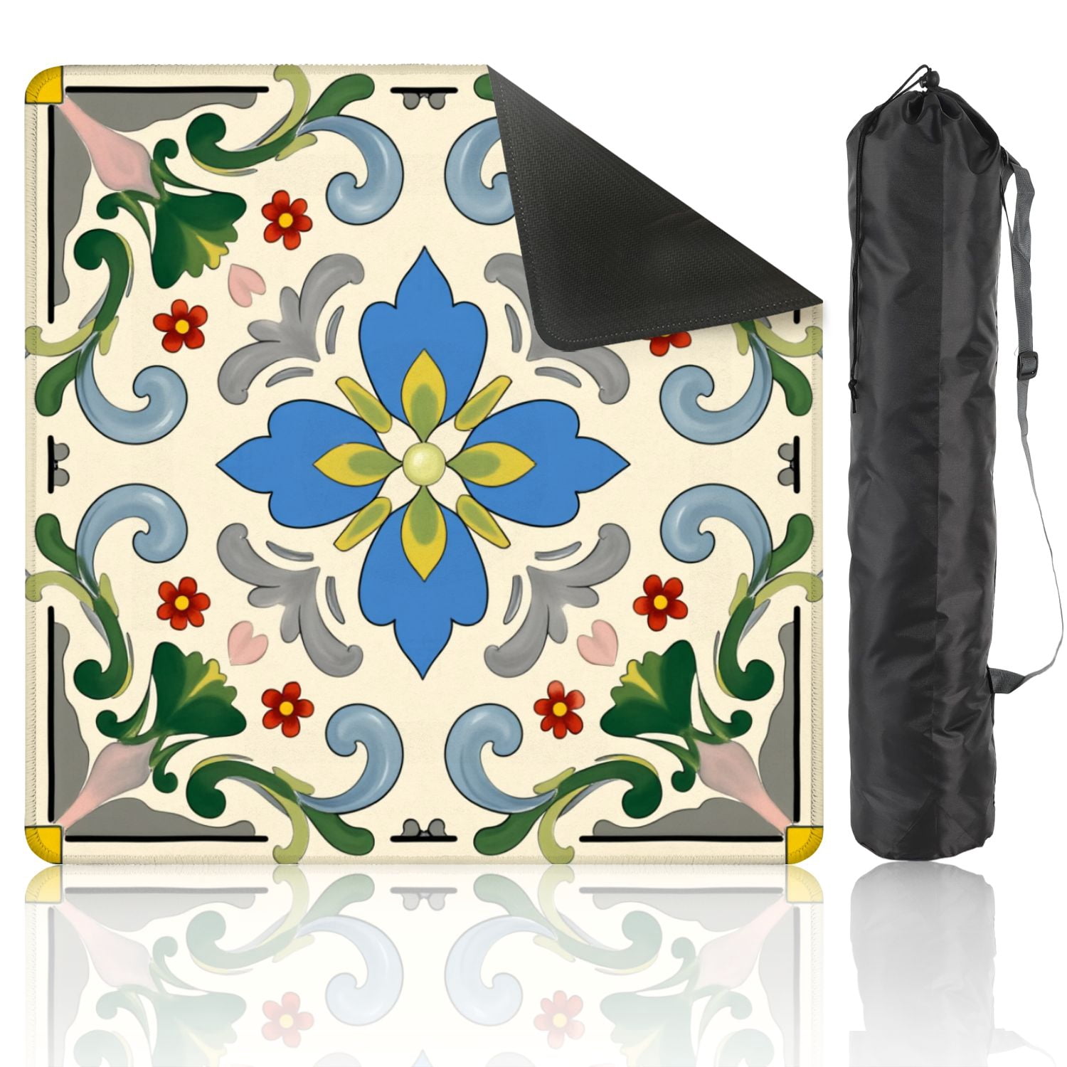 Mahjong Mat 31.5" x 31.5" Colorful Floral Geometric Decorative Tile Blue Green Red Yellow Non-Slip Noise Reduction American Mahjong Tiles Table Cover for Dominoes Poker Card Board Games Gift