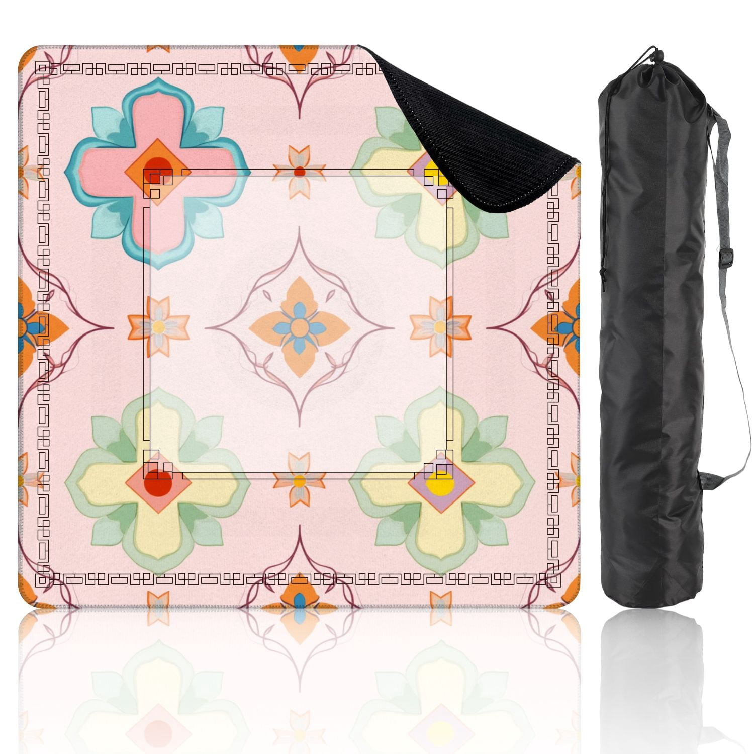 Mahjong Mat 31.5" x 31.5" Colorful Floral Geometric Pink Green Orange Motifs Non-Slip Noise Reduction American Mahjong Tiles Table Cover for Dominoes Poker Card Board Games Gift