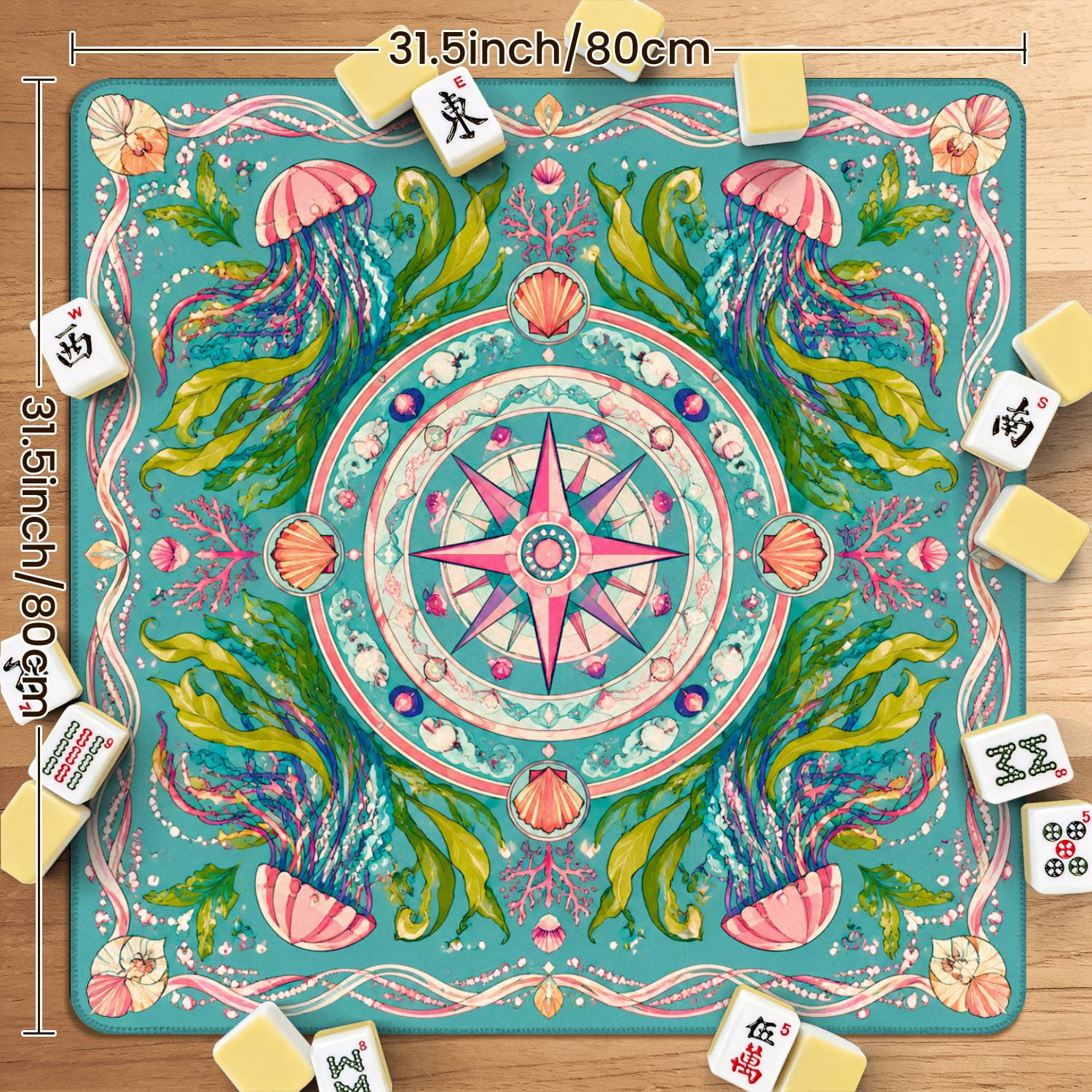 Mahjong Mat 31.5" x 31.5" Colorful Floral Mandala Protea Flowers Seaweed Nautical Compass Non-Slip Noise Reduction American Mahjong Tiles Table Cover for Dominoes Poker Card Board Games Gift