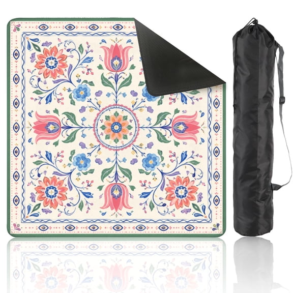 Mahjong Mat 31.5" x 31.5" Colorful Floral Mandala Symmetrical Blue Pink Yellow Flowers Cream Non-Slip Noise Reduction American Mahjong Tiles Table Cover for Dominoes Poker Card Board Games Gift