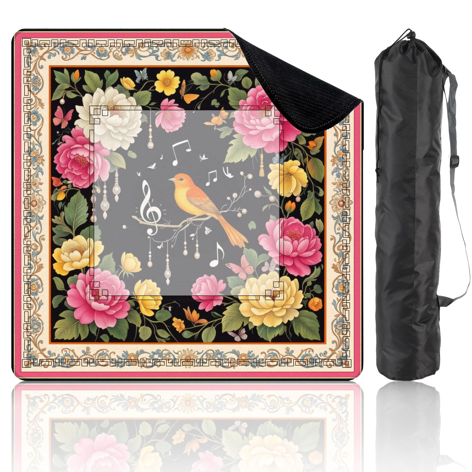Mahjong Mat 31.5" x 31.5" Colorful Floral Peonies Butterflies Singing Bird Black Non-Slip Noise Reduction American Mahjong Tiles Table Cover for Dominoes Poker Card Board Games Gift
