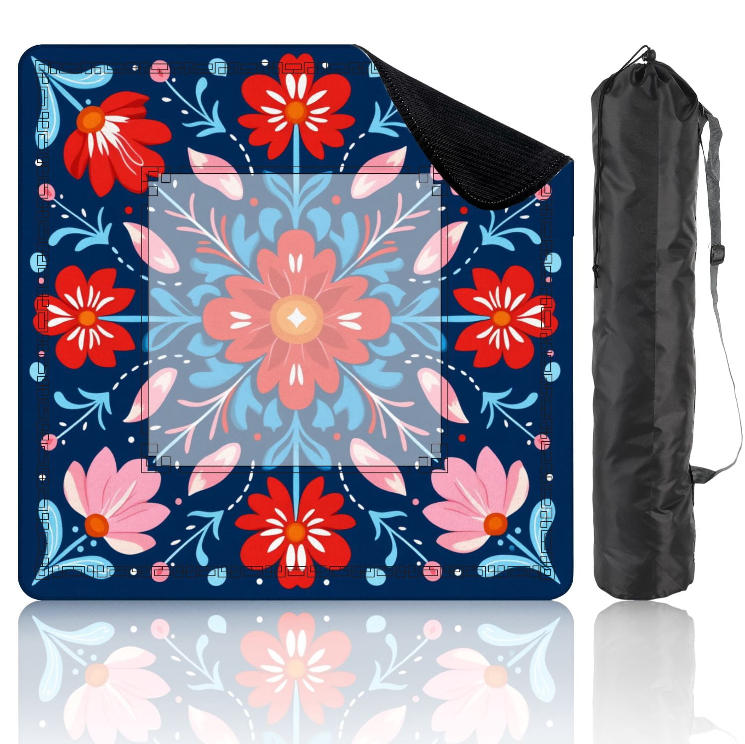 Mahjong Mat 31.5" x 31.5" Colorful Floral Red Pink Flowers Dark Blue Non-Slip Noise Reduction American Mahjong Tiles Table Cover for Dominoes Poker Card Board Games Gift