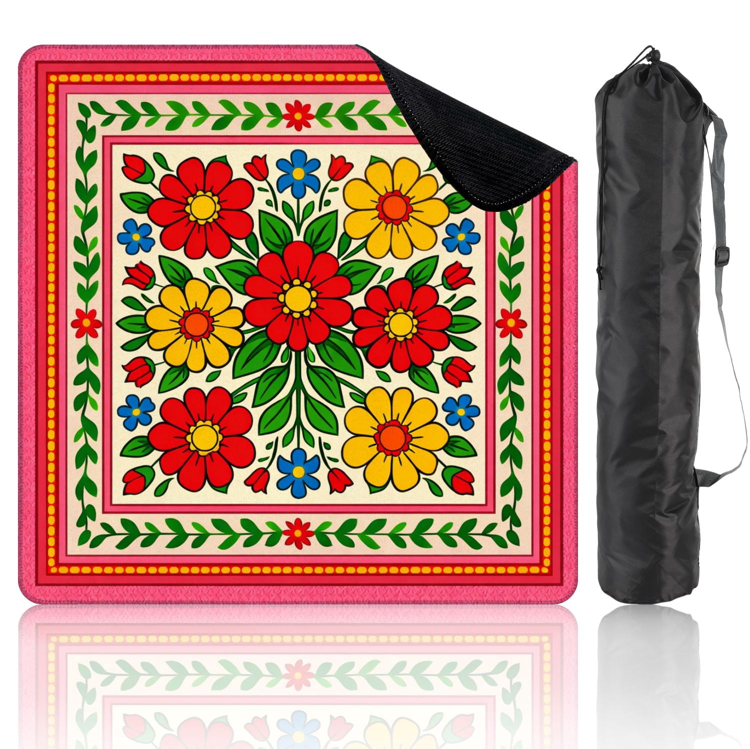 Mahjong Mat 31.5" x 31.5" Colorful Floral Red Yellow Blue Flowers Non-Slip Noise Reduction Mahjong Tiles Table Cover for Dominoes Poker Card Board and Tile Games
