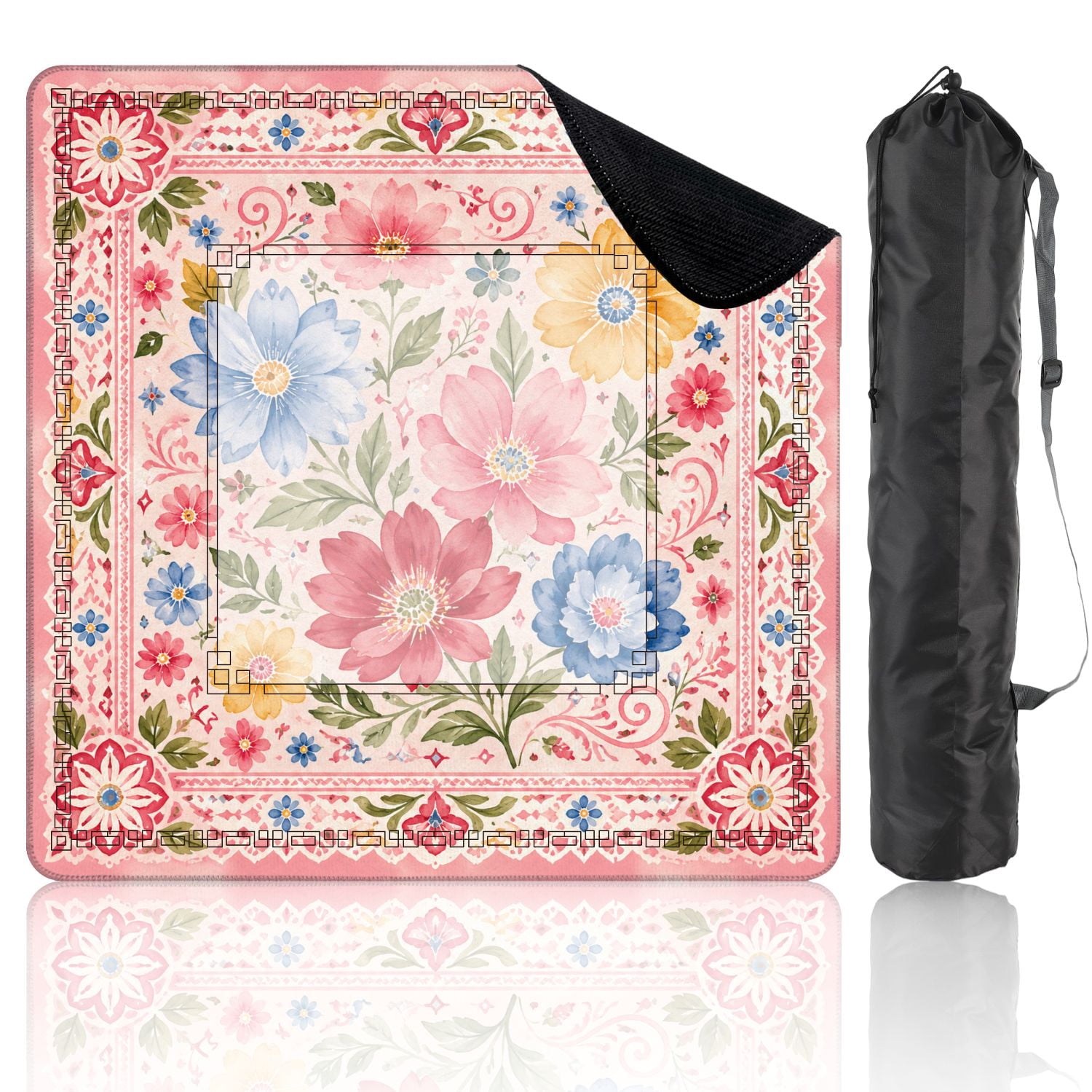 Mahjong Mat 31.5" x 31.5" Colorful Floral Watercolor Red Pink Blue Yellow Flowers Decorative Non-Slip Noise Reduction American Mahjong Tiles Table Cover for Dominoes Poker Card Board Games Gift