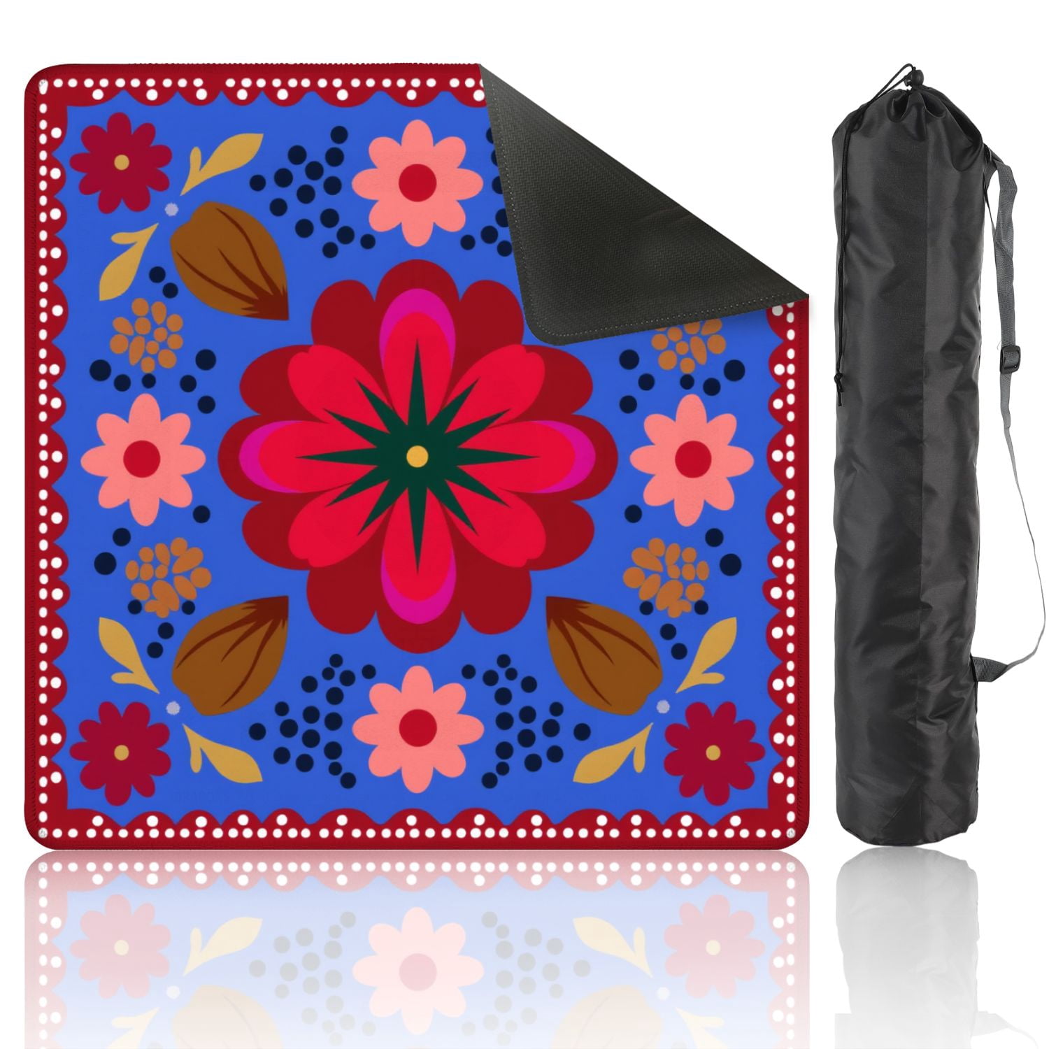 Mahjong Mat 31.5" x 31.5" Colorful Folk Art Floral Red Pink Brown Flowers Blue Non-Slip Noise Reduction American Mahjong Tiles Table Cover for Dominoes Poker Card Board Games Gift