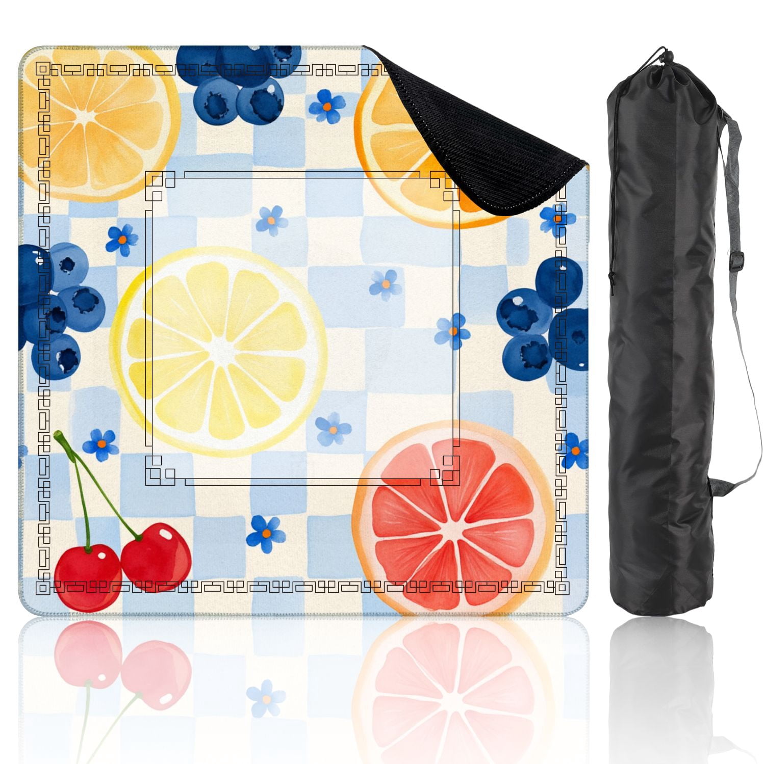 Mahjong Mat 31.5" x 31.5" Colorful Fruit Checkered Citrus Berries Non-Slip Noise Reduction American Mahjong Tiles Table Cover for Dominoes Poker Card Board Games Gift