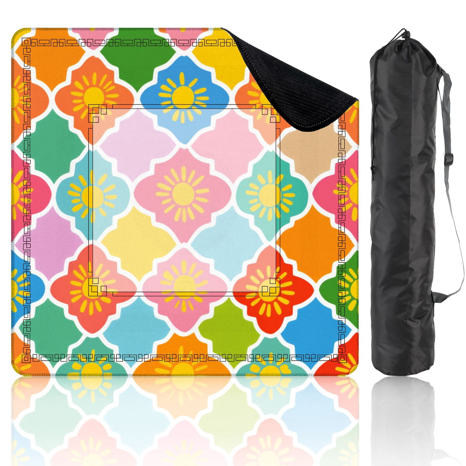 Mahjong Mat 31.5" x 31.5" Colorful Geometric Floral Sun Motifs Vibrant Palette Non-Slip Noise Reduction American Mahjong Tiles Table Cover for Dominoes Poker Card Board Games Gift