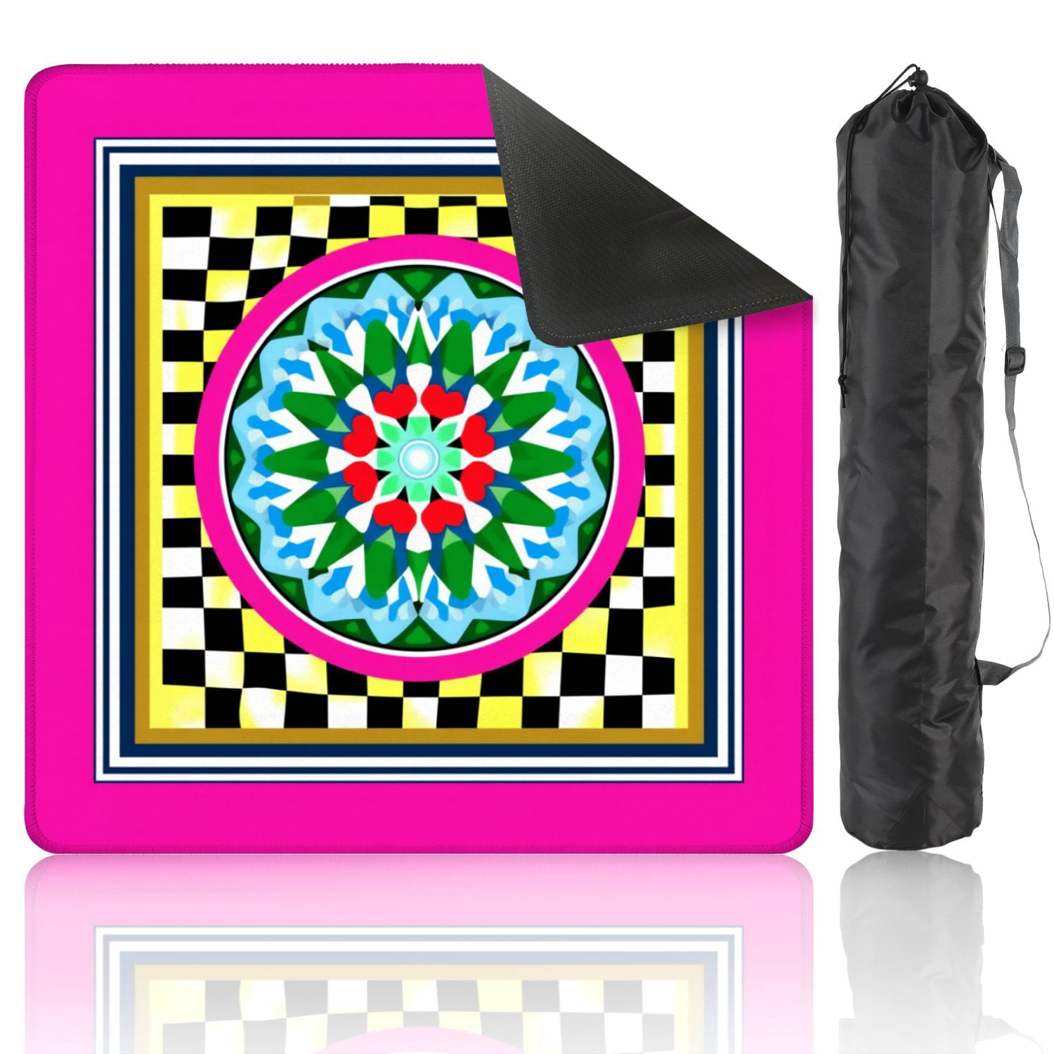 Mahjong Mat 31.5" x 31.5" Colorful Geometric Mandala Checkerboard Vibrant Floral Patterns Non-Slip Noise Reduction American Mahjong Tiles Table Cover for Dominoes Poker Card Board Games Gift