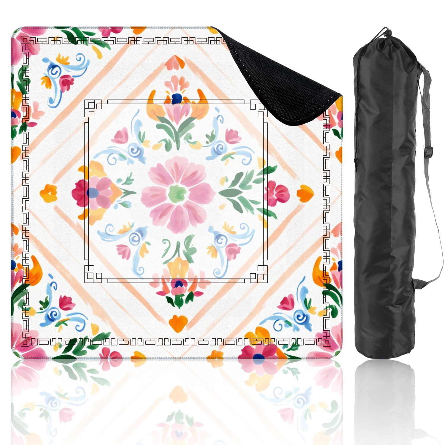 Mahjong Mat 31.5" x 31.5" Colorful Hand Painted Floral Pink Orange Blue Flowers Non-Slip Noise Reduction American Mahjong Tiles Table Cover for Dominoes Poker Card Board Games Gift