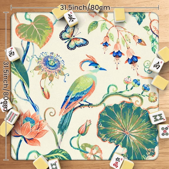Mahjong Mat 31.5" x 31.5" Colorful Heron Floral Botanical Dragonfly Exotic Flowers Non-Slip Noise Reduction American Mahjong Tiles Table Cover for Dominoes Poker Card Board Games Gift