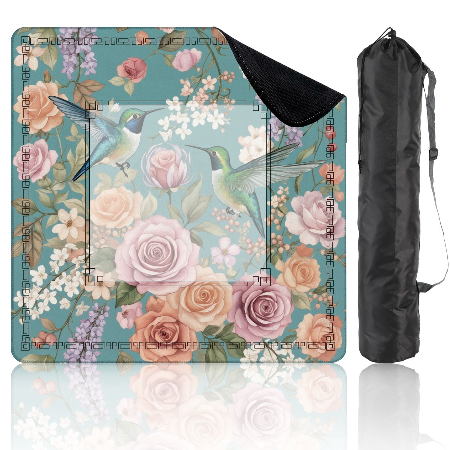 Mahjong Mat 31.5" x 31.5" Colorful Hummingbirds Amid Pink Peach Roses White Blossoms Teal Non-Slip Noise Reduction American Mahjong Tiles Table Cover for Dominoes Poker Card Board Games Gift