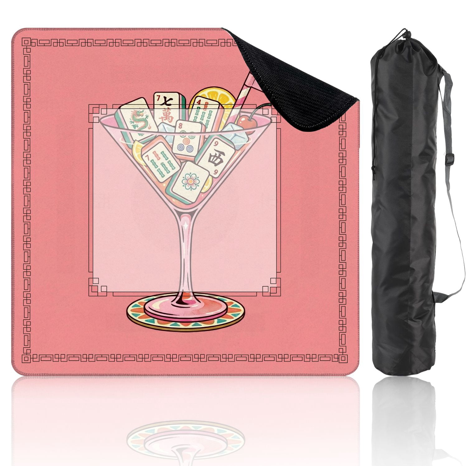 Mahjong Mat 31.5" x 31.5" Colorful Mahjong Tiles Cocktail Glass Fruit Garnish Straw Pink Style Non-Slip Noise Reduction American Mahjong Tiles Table Cover for Dominoes Poker Card Board Games Gift