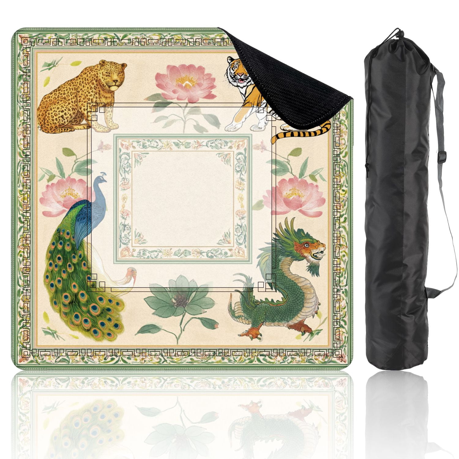 Mahjong Mat 31.5" x 31.5" Colorful Oriental Animal Flower Tiger Leopard Peacock Dragon Floral Non-Slip Noise Reduction American Mahjong Tiles Table Cover for Dominoes Poker Card Board Games Gift