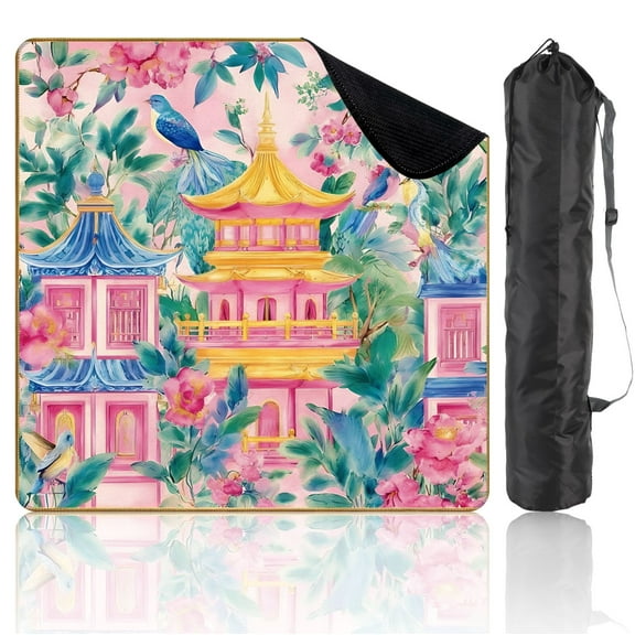 Mahjong Mat 31.5" x 31.5" Colorful Oriental Pagoda Pavilion Birds Blossoms Watercolor Style Non-Slip Noise Reduction Mahjong Tiles Table Cover for Dominoes Poker Card Board and Tile Games