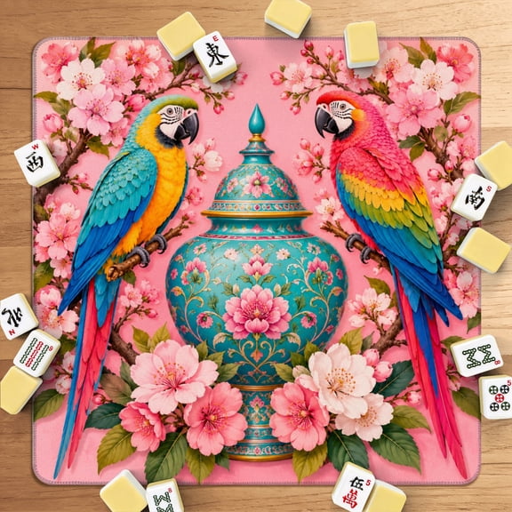 Mahjong Mat 31.5" x 31.5" Colorful Parrots Floral Decorative Vase Cherry Blossom Branches Pink Non-Slip Noise Reduction American Mahjong Tiles Table Cover for Dominoes Poker Card Board Games Gift