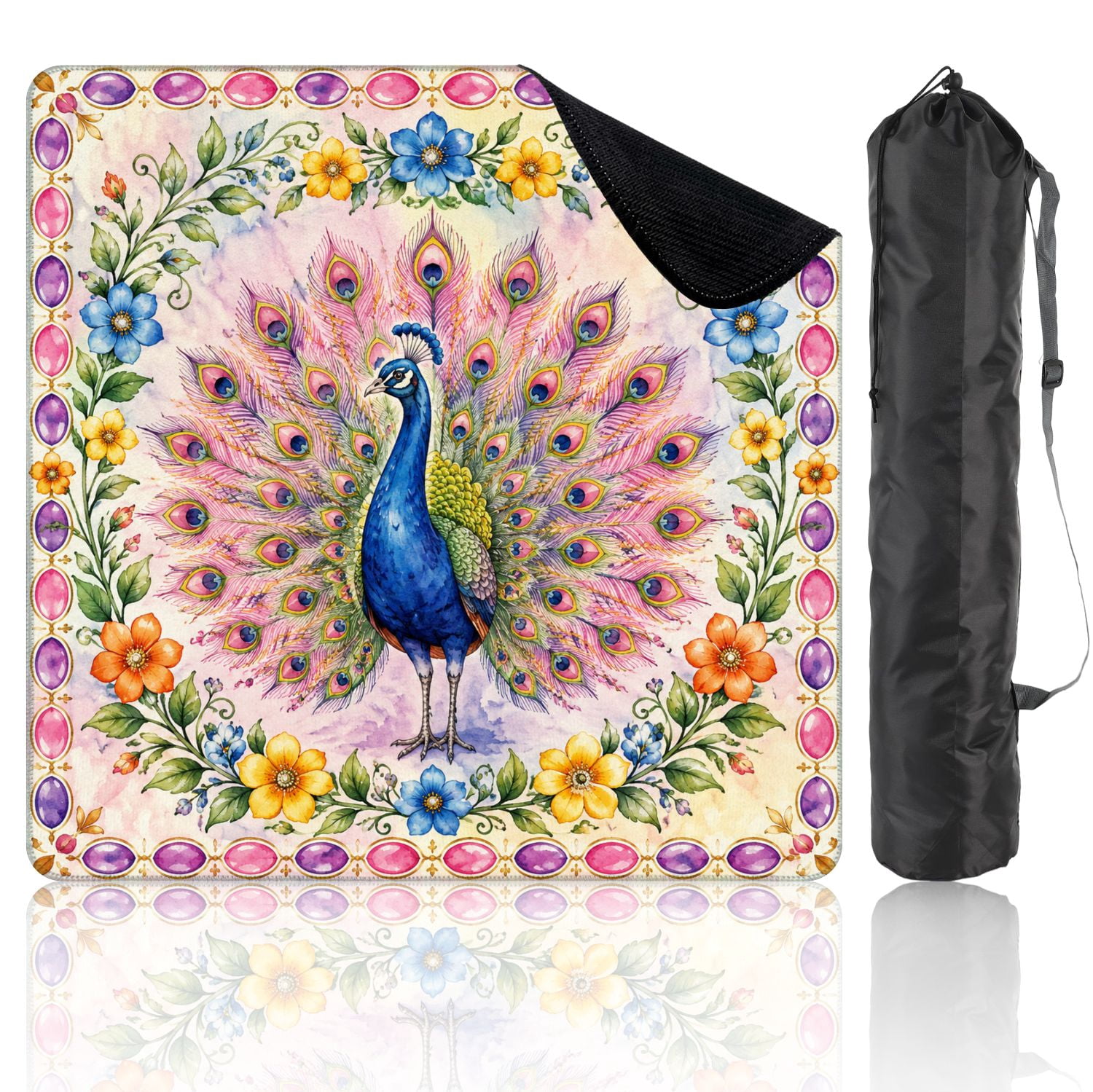 Mahjong Mat 31.5" x 31.5" Colorful Peacock Spread Feathers Floral Border Non-Slip Noise Reduction Mahjong Tiles Table Cover for Dominoes Poker Card Board and Tile Games