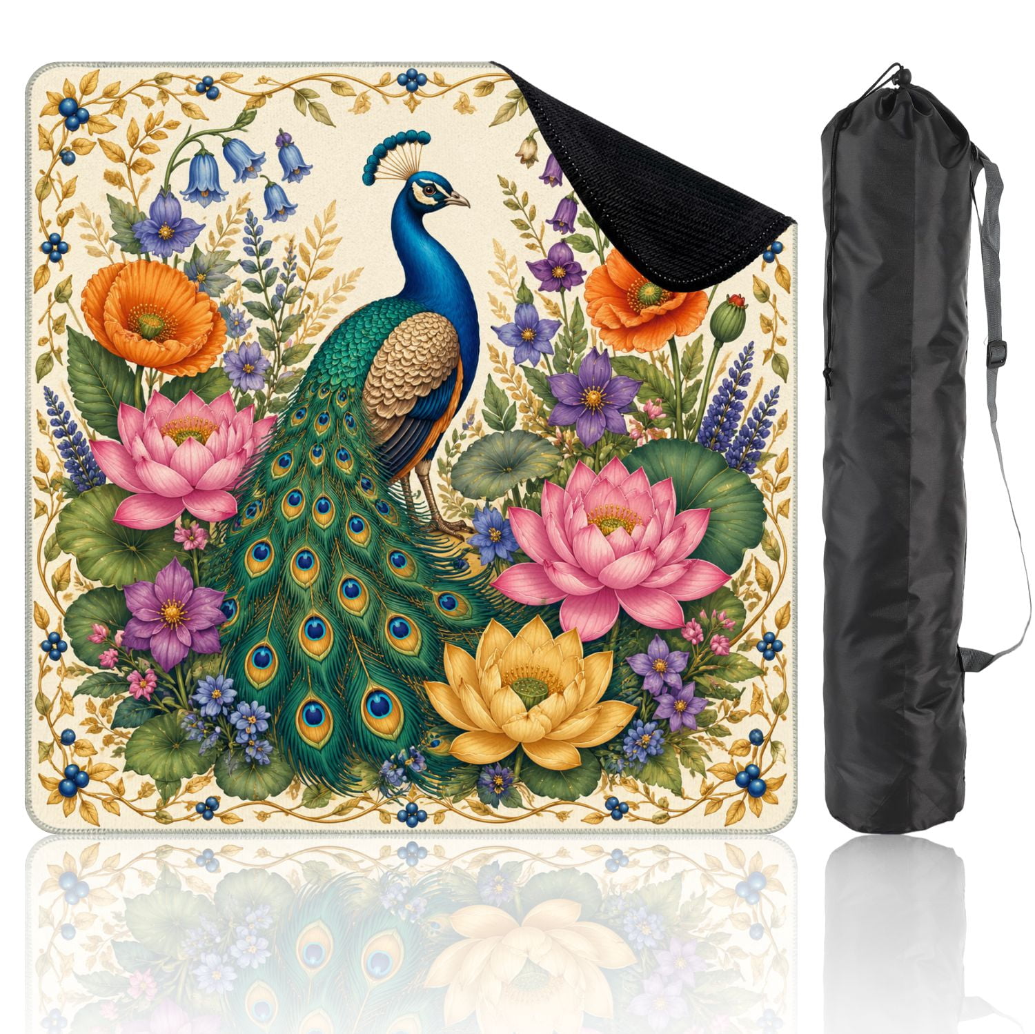 Mahjong Mat 31.5" x 31.5" Colorful Peacock Vibrant Flowers Detailed Botanical Non-Slip Noise Reduction Mahjong Tiles Table Cover for Dominoes Poker Card Board and Tile Games