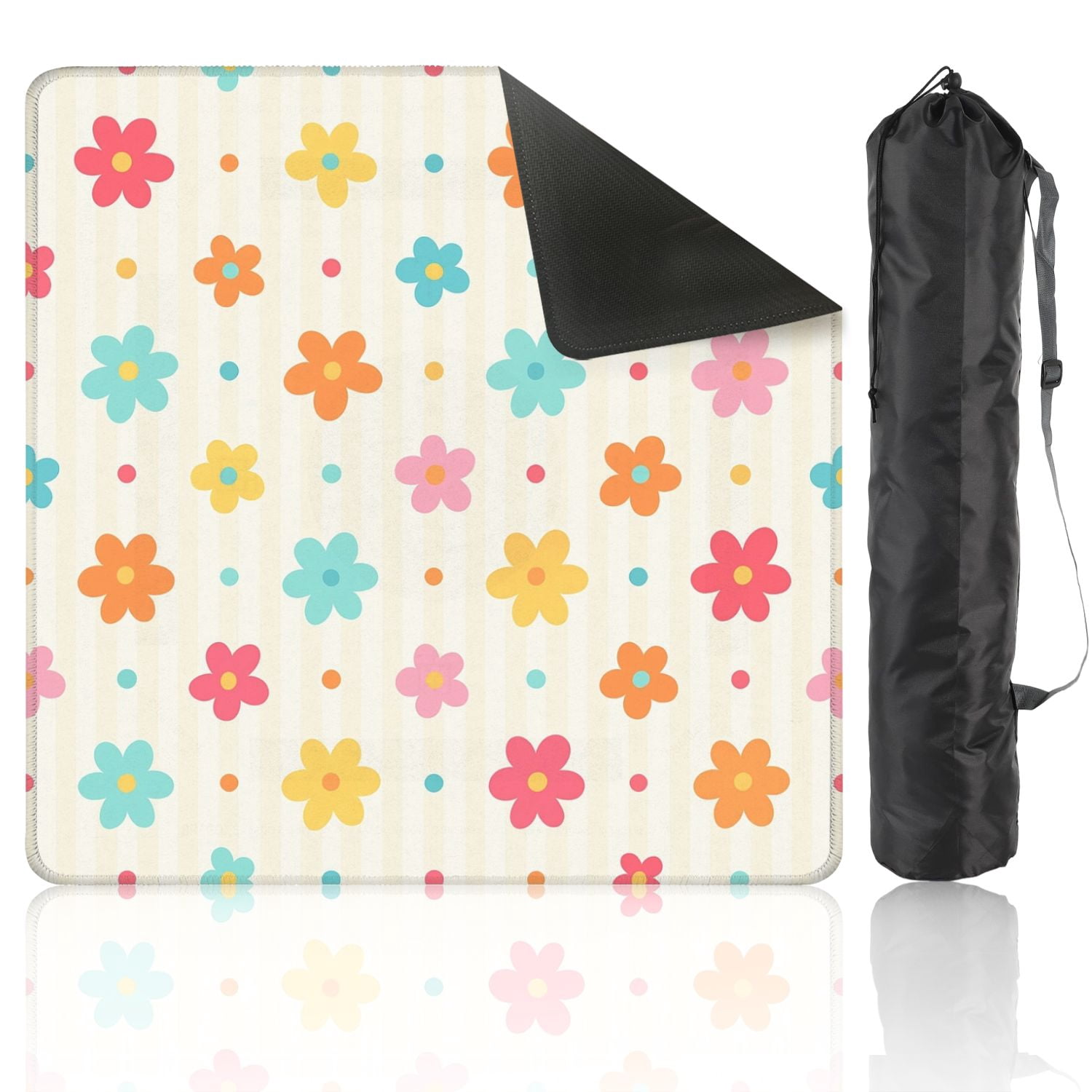 Mahjong Mat 31.5" x 31.5" Colorful Retro Flower Polka Dots Cream Striped Non-Slip Noise Reduction American Mahjong Tiles Table Cover for Dominoes Poker Card Board Games Gift