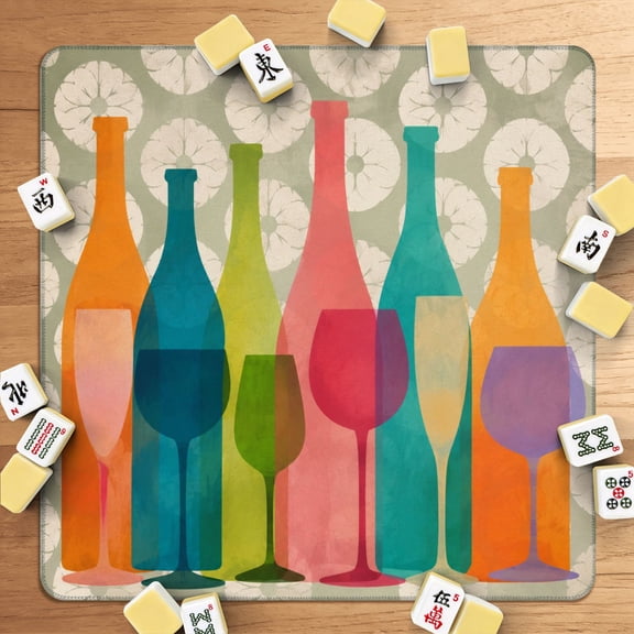 Mahjong Mat 31.5" x 31.5" Colorful Silhouettes Bottles Glasses Patterned Non-Slip Noise Reduction American Mahjong Tiles Table Cover for Dominoes Poker Card Board Games Gift