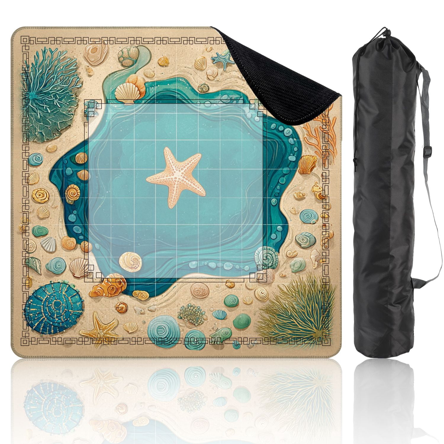 Mahjong Mat 31.5" x 31.5" Colorful Starfish Seashells Ocean Tide Pool Sandy Beach Border Non-Slip Noise Reduction American Mahjong Tiles Table Cover for Dominoes Poker Card Board Games Gift