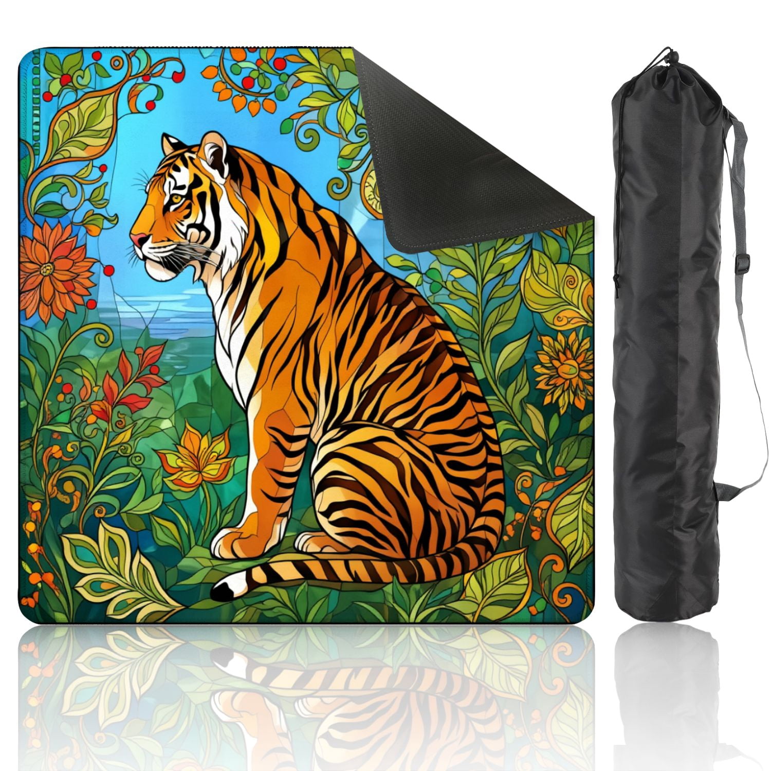 Mahjong Mat 31.5" x 31.5" Colorful Tiger Surrounded by Floral Design Vibrant Style Non-Slip Noise Reduction American Mahjong Tiles Table Cover for Dominoes Poker Card Board Games Gift