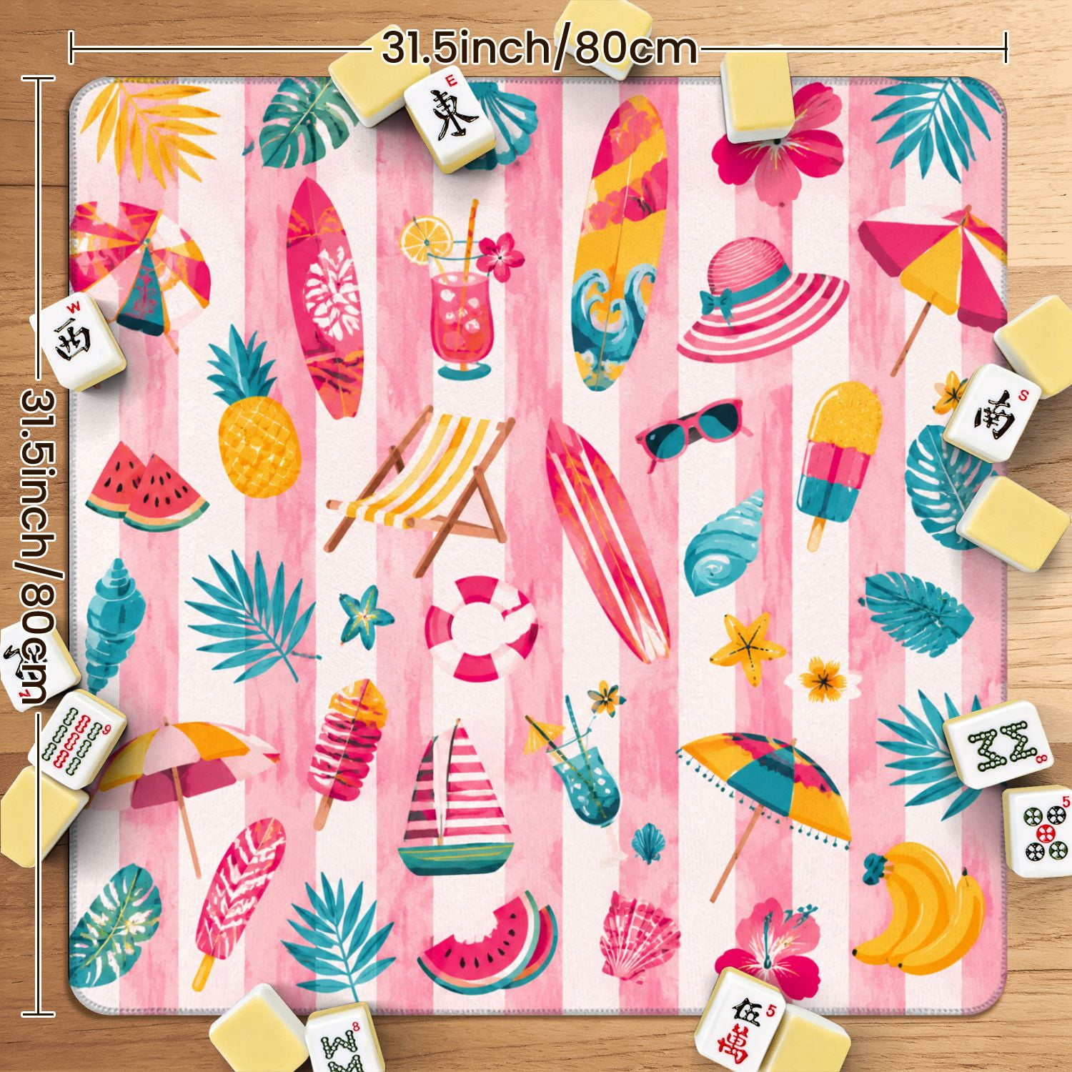 Mahjong Mat 31.5" x 31.5" Colorful Tropical Seashells Flowers Fish Frog Pink Stripes Non-Slip Noise Reduction American Mahjong Tiles Table Cover for Dominoes Poker Card Board Games Gift