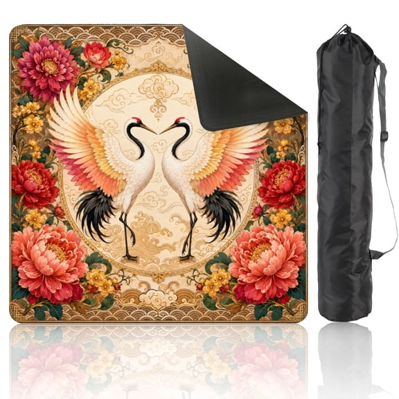 Mahjong Mat 31.5" x 31.5" Cranes Floral Frame Traditional Asian Decorative Style Gold Red Non-Slip Noise Reduction American Mahjong Tiles Table Cover for Dominoes Poker Card Board Games Gift