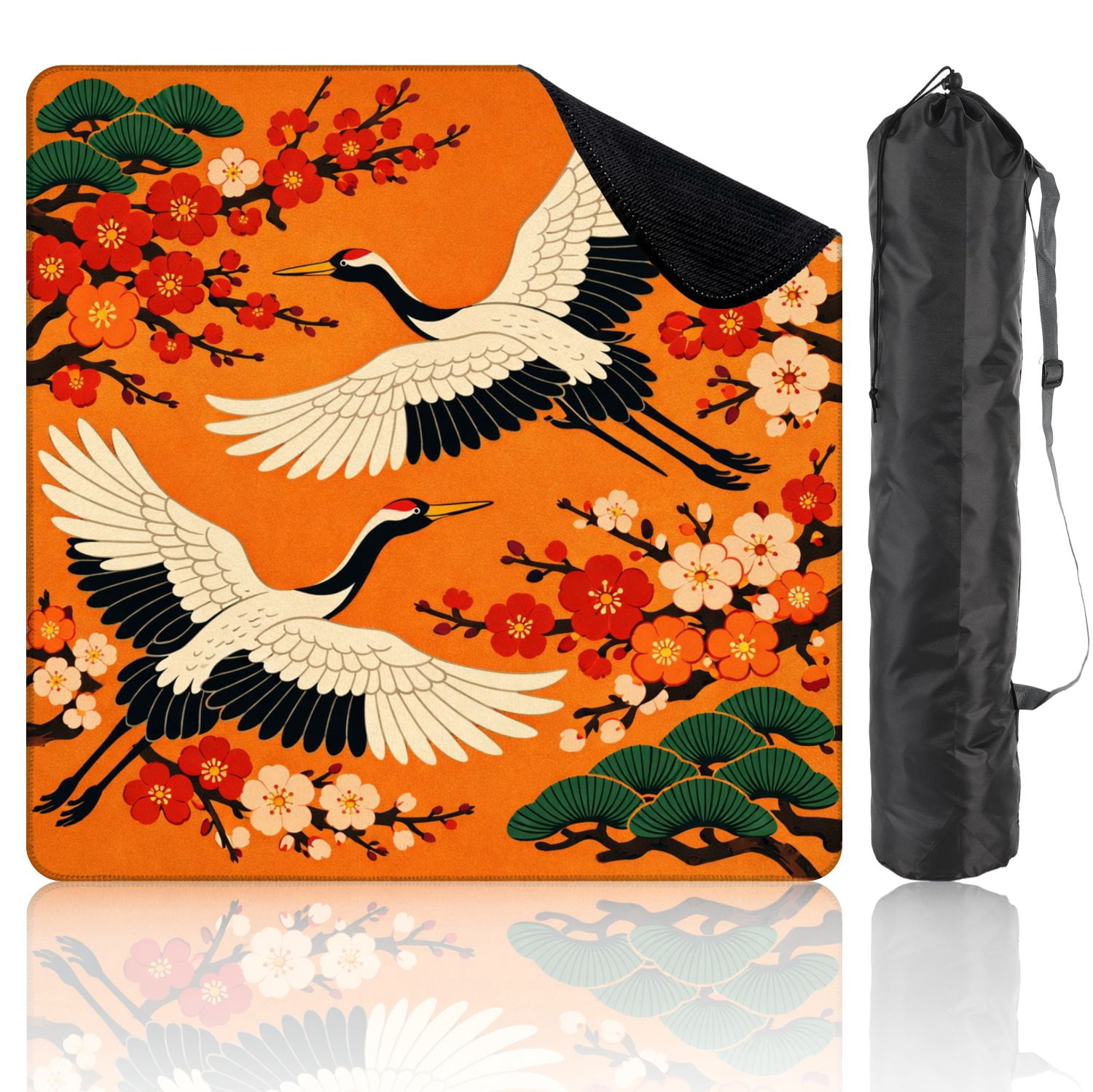 Mahjong Mat 31.5" x 31.5" Cranes Red White Plum Blossoms Traditional Japanese Style Non-Slip Noise Reduction Mahjong Tiles Table Cover for Dominoes Poker Card Board and Tile Games