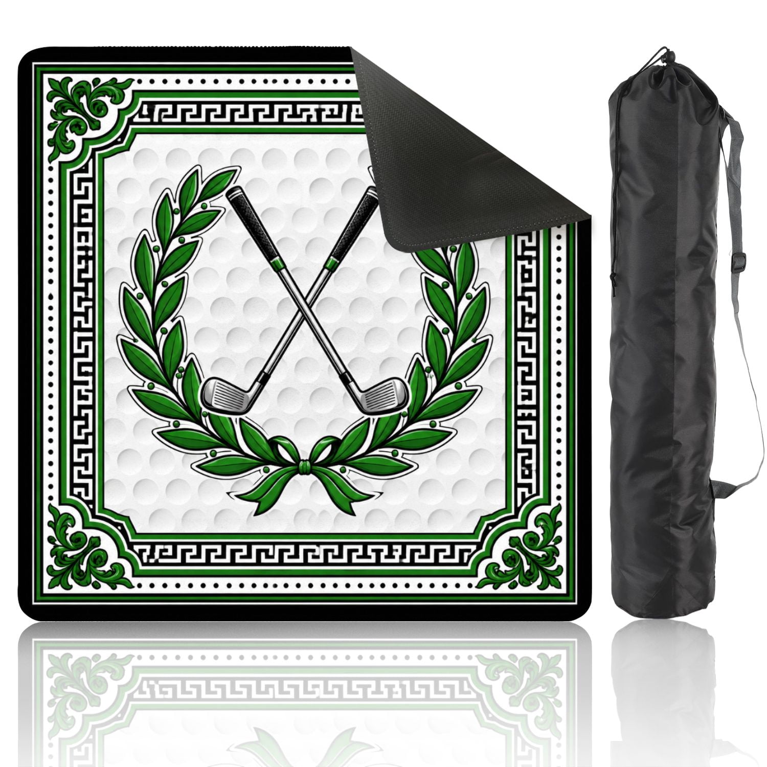 Mahjong Mat 31.5" x 31.5" Crossed Golf Clubs Green Laurel Wreath Golf Ball Decorative Border Non-Slip Noise Reduction American Mahjong Tiles Table Cover for Dominoes Poker Card Board Games Gift