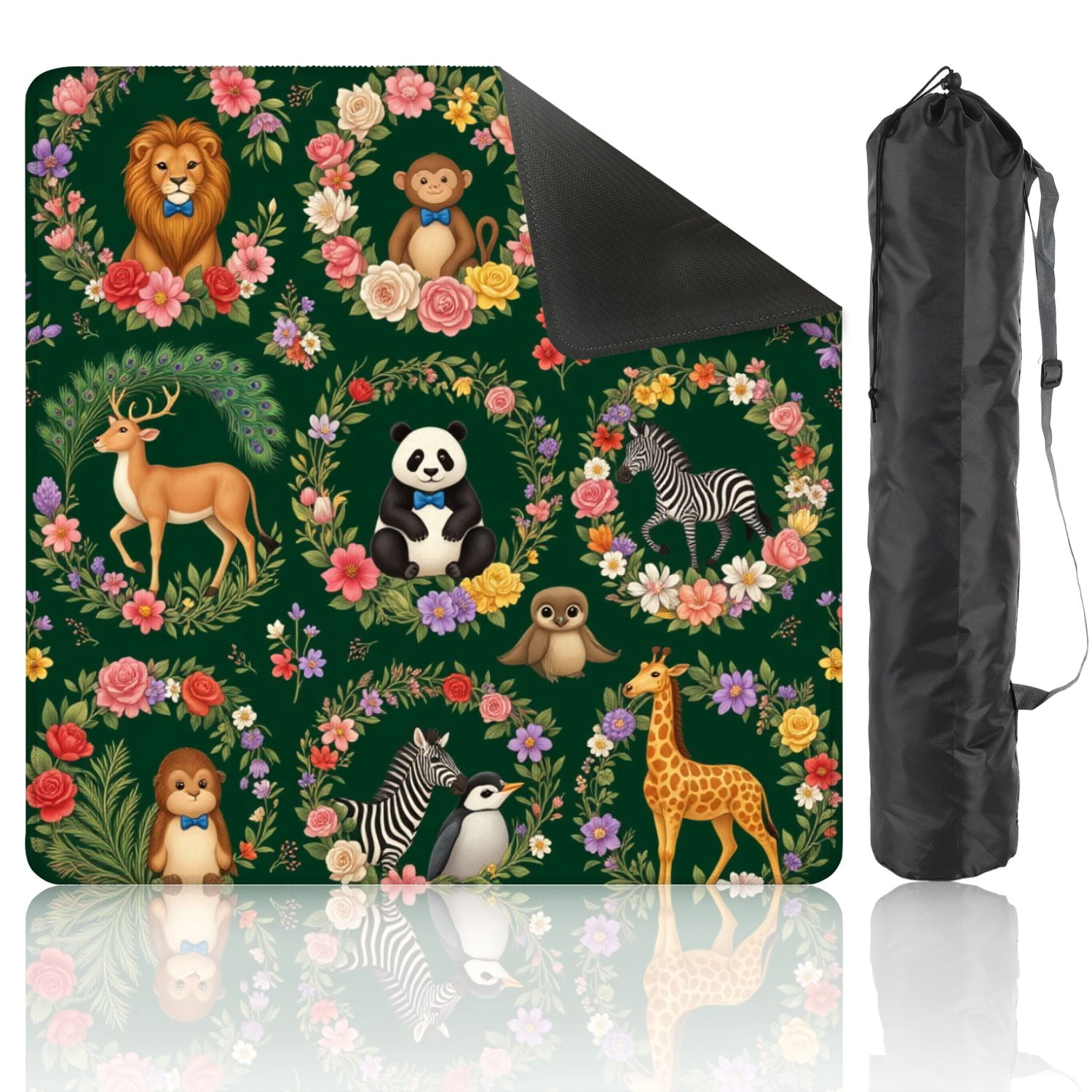Mahjong Mat 31.5" x 31.5" Cute Animal Illustrations Floral Wreaths Dark Green Non-Slip Noise Reduction American Mahjong Tiles Table Cover for Dominoes Poker Card Board Games Gift