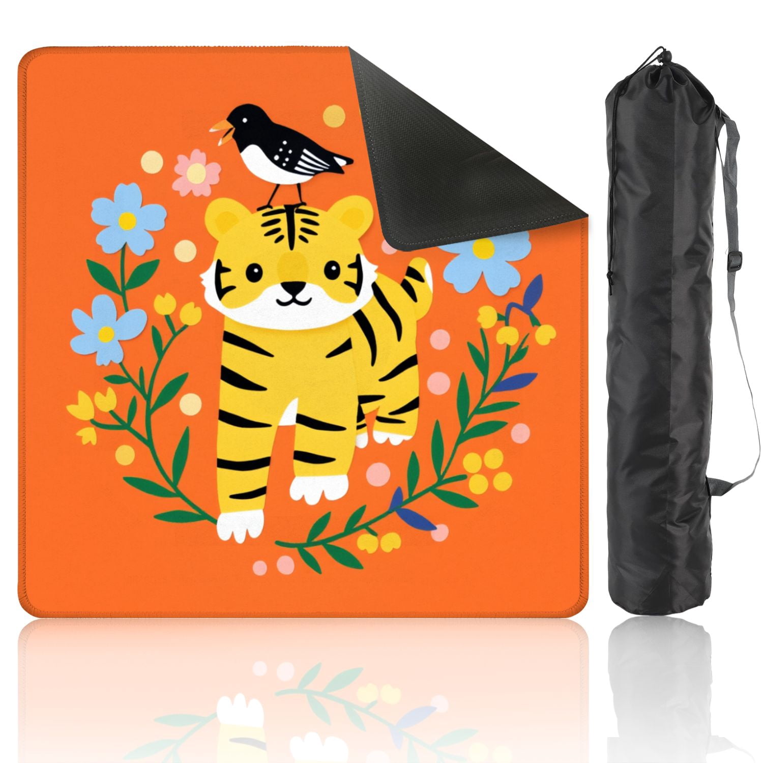 Mahjong Mat 31.5" x 31.5" Cute Cartoon Tiger Bird Head Surrounded by Colorful Flowers Whimsical Non-Slip Noise Reduction American Mahjong Tiles Table Cover for Dominoes Poker Card Board Games Gift