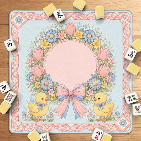 Mahjong Mat 31.5" x 31.5" Cute Ducks Floral Wreath Pastel Ribbon Bow Decorative Border Frame Non-Slip Noise Reduction American Mahjong Tiles Table Cover for Dominoes Poker Card Board Games Gift