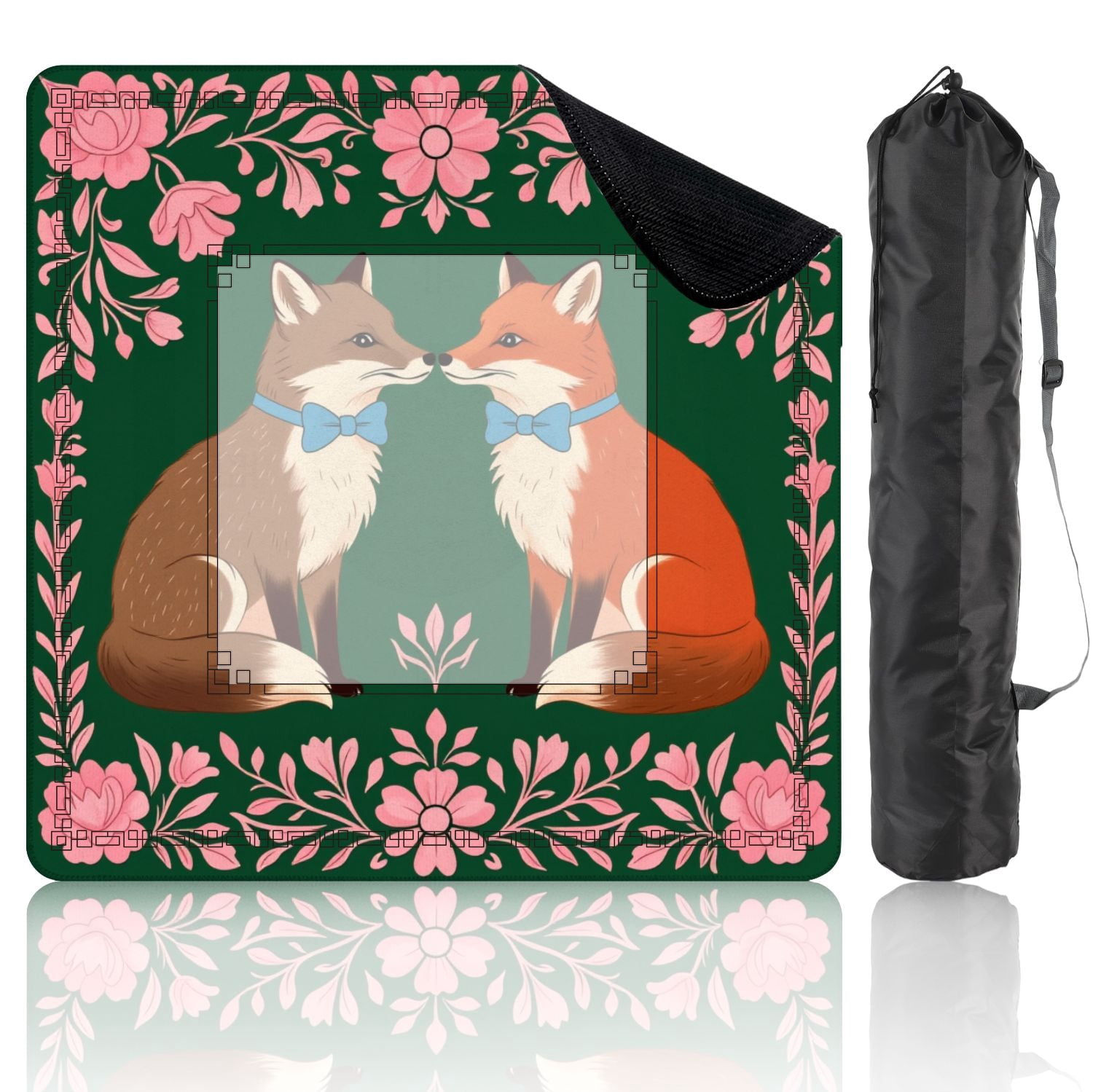 Mahjong Mat 31.5" x 31.5" Cute Fox Pair Blue Bow Ties Surrounded by Pink Floral Border Dark Non-Slip Noise Reduction American Mahjong Tiles Table Cover for Dominoes Poker Card Board Games Gift