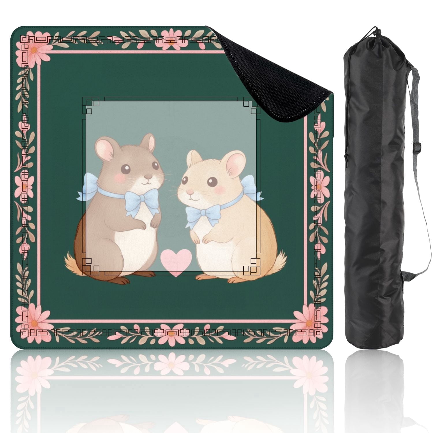 Mahjong Mat 31.5" x 31.5" Cute Hamster Pair Blue Bows Heart Illustrated Style Non-Slip Noise Reduction American Mahjong Tiles Table Cover for Dominoes Poker Card Board Games Gift